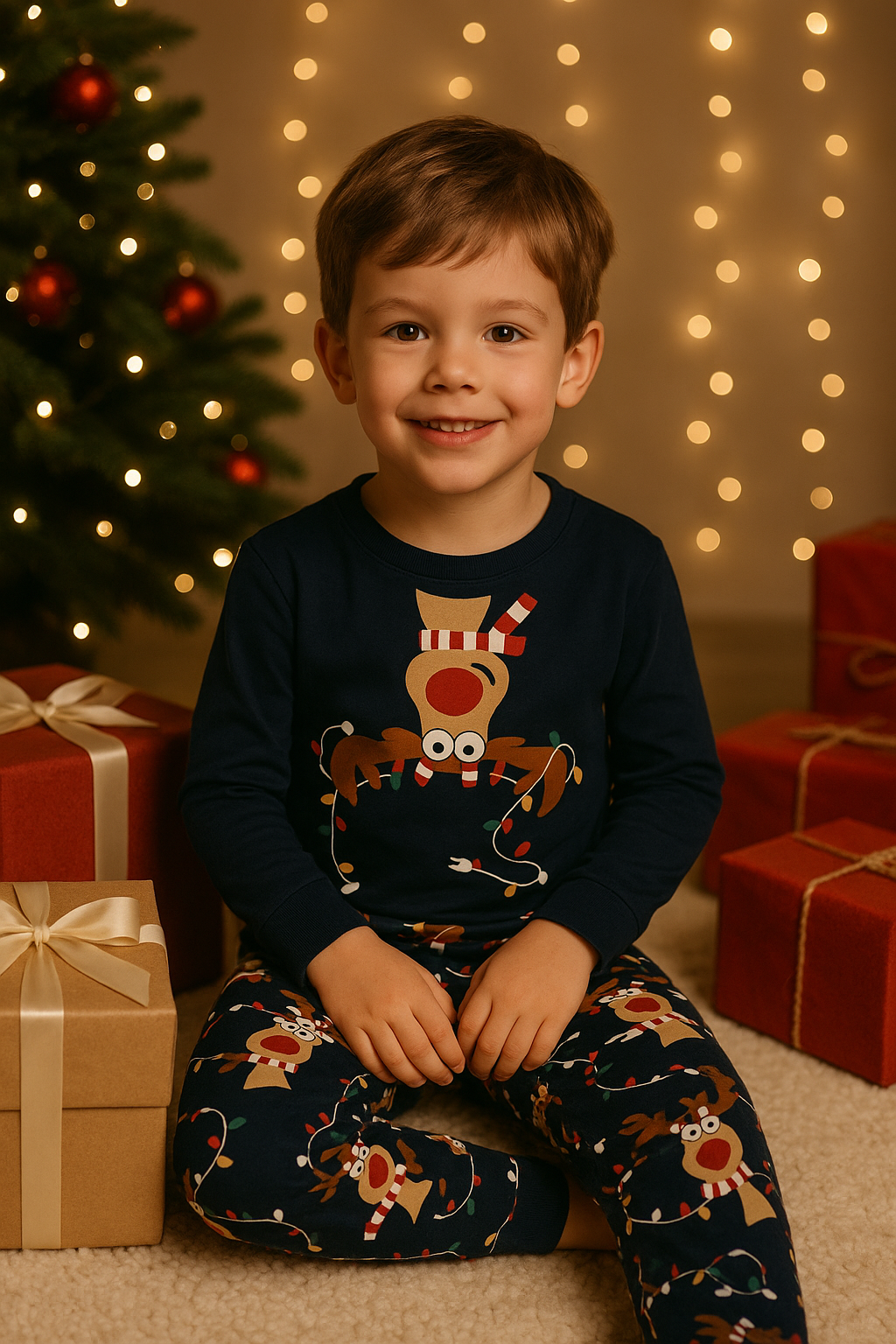 Çocuk Geyik Desenli Kutulu Yılbaşı  Pijama Takımı Lacivert