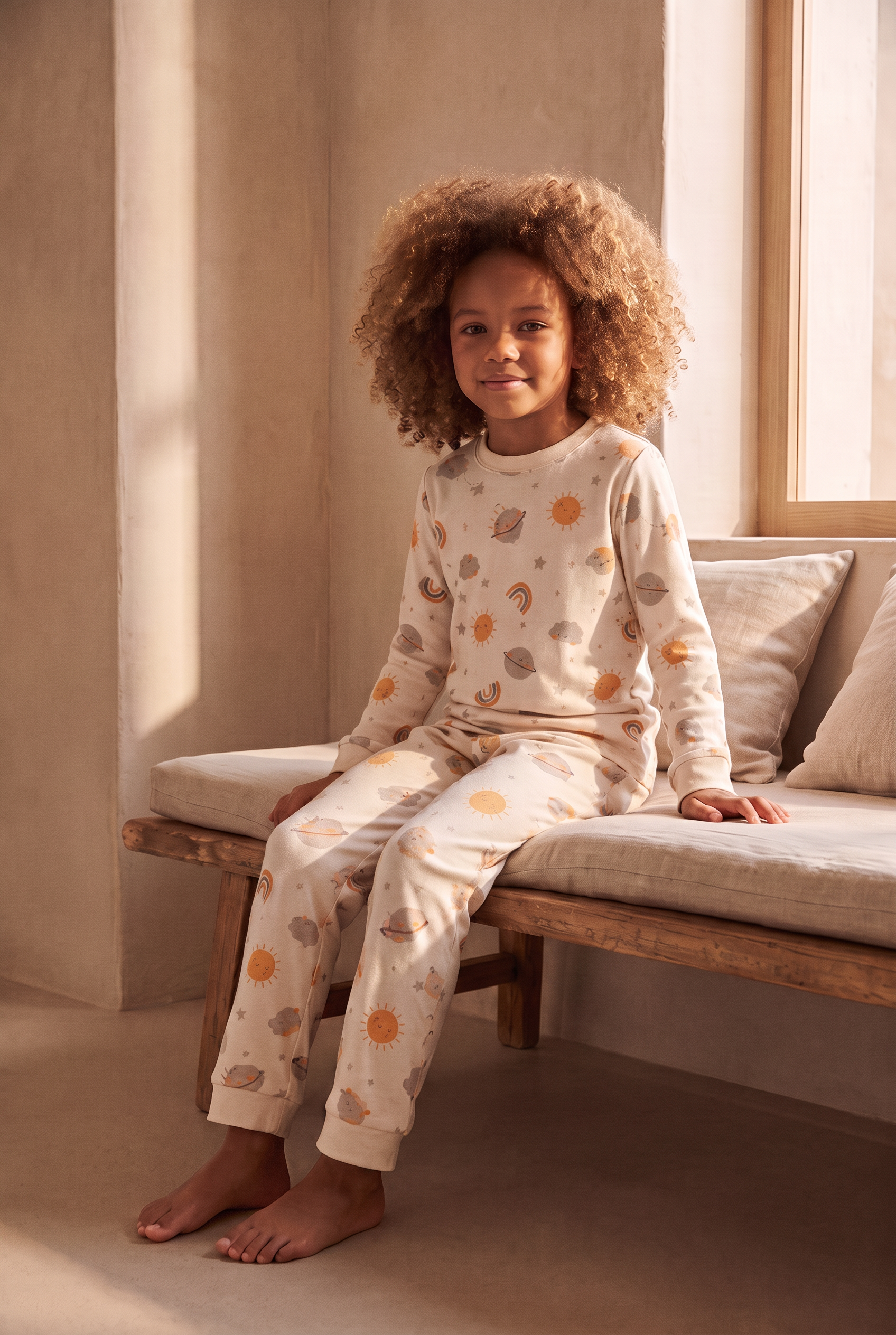 Çocuk Gezegen Desenli Pijama Takımı Ekru