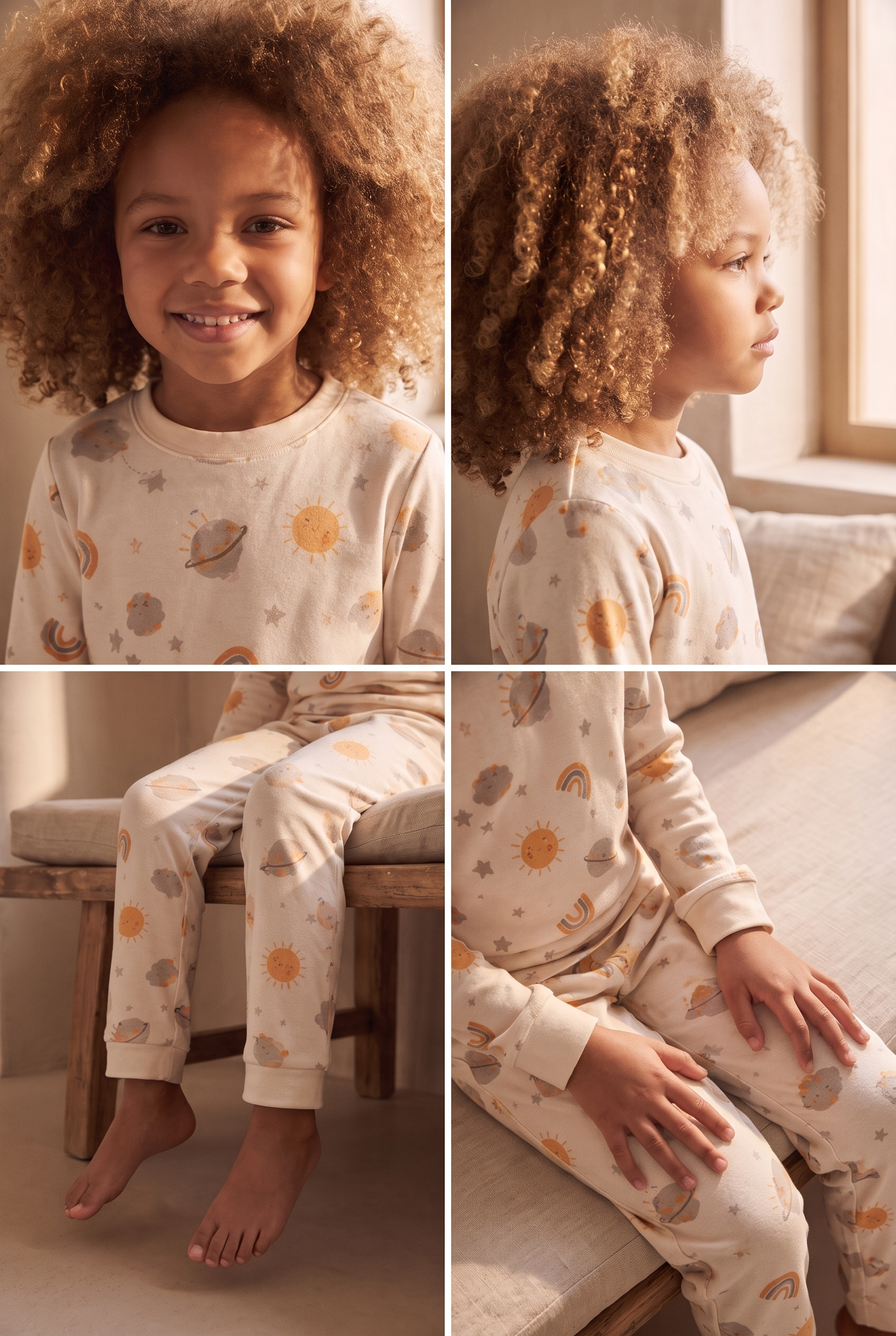 Çocuk Gezegen Desenli Pijama Takımı Ekru