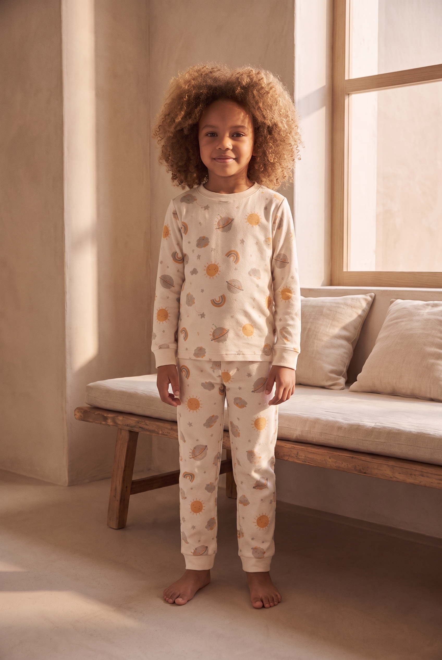 Çocuk Gezegen Desenli Pijama Takımı Ekru
