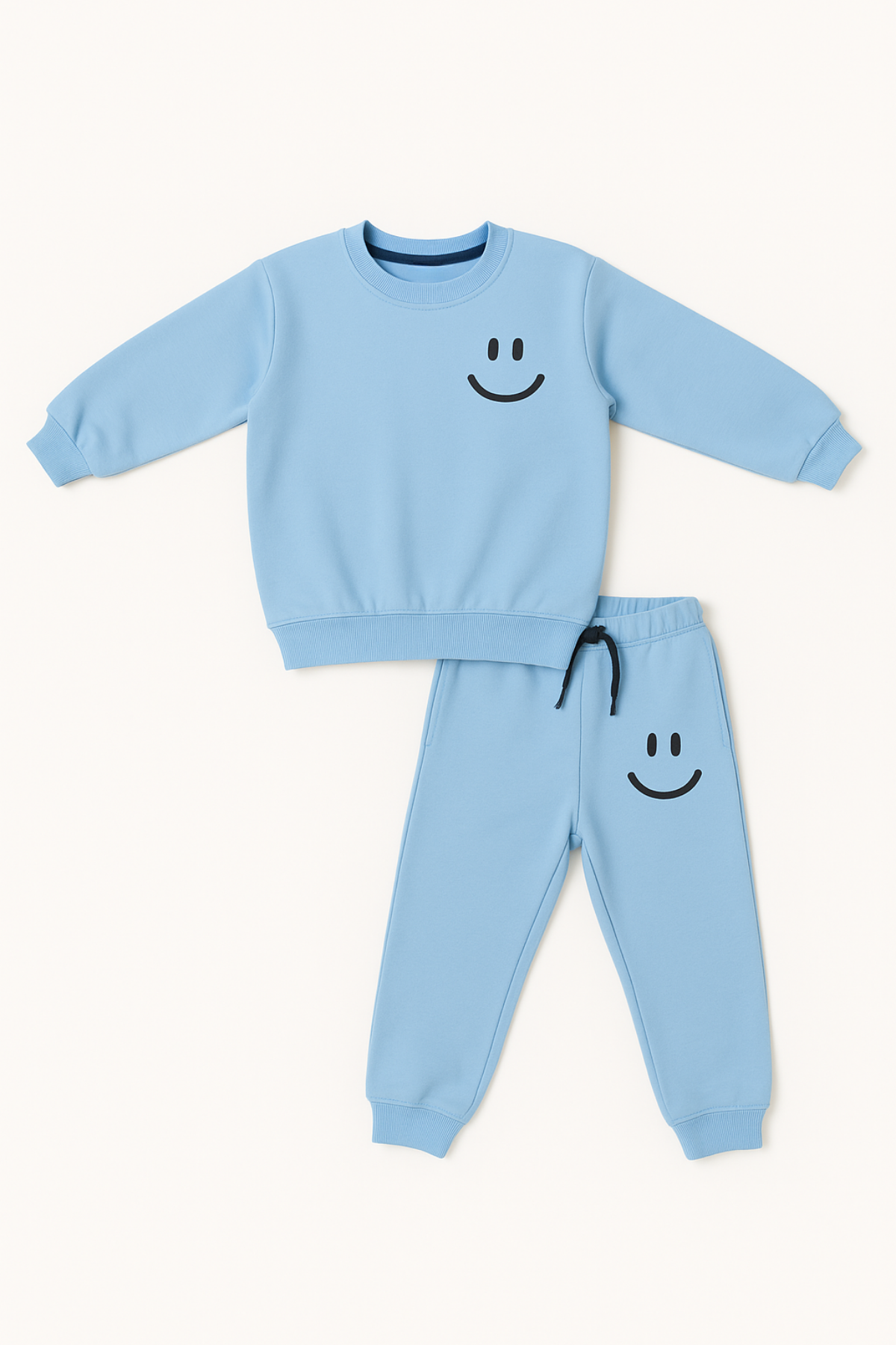 Çocuk Gülen Surat Baskılı Pijama Takımı Mavi