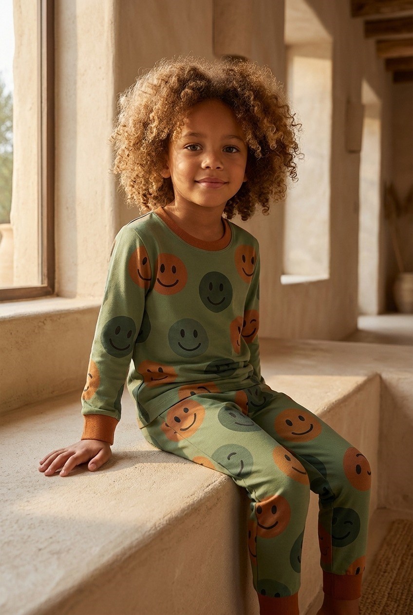 Çocuk Gülen Yüz Desenli Pijama Takımı Yeşil