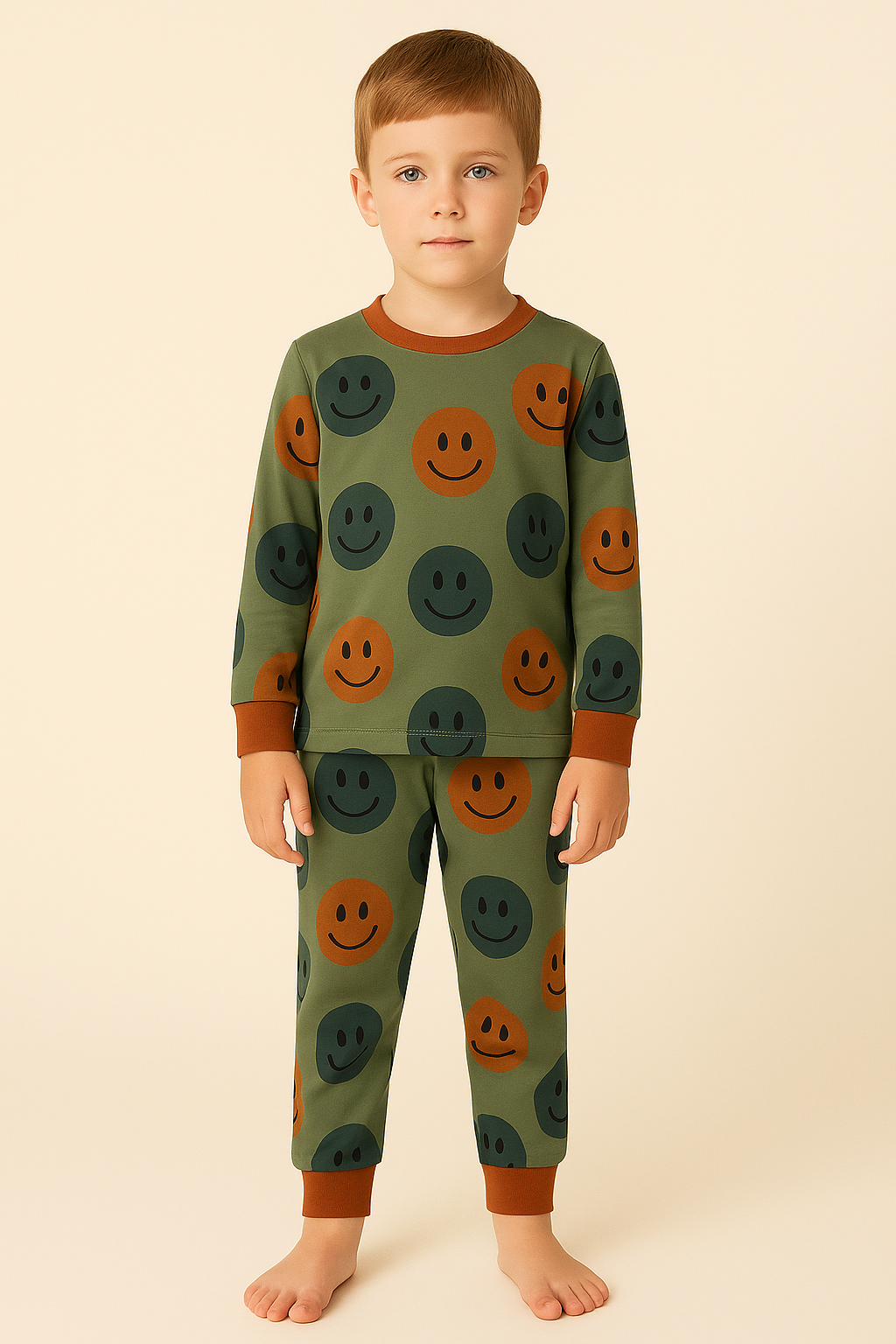 Çocuk Gülen Yüz Desenli Pijama Takımı Yeşil
