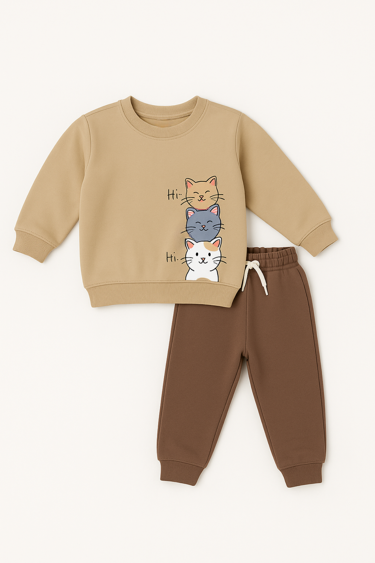 Çocuk Kedi Baskılı Pijama Takımı Bej