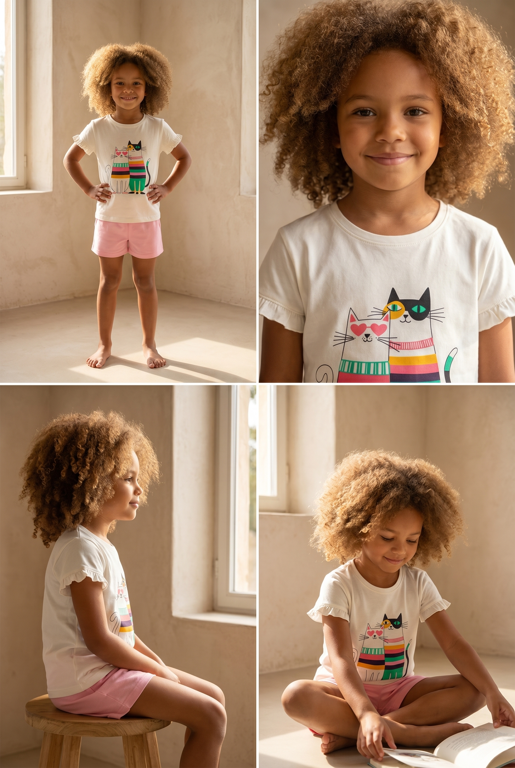 Çocuk Kedi Desenli Şortlu Pijama Takımı