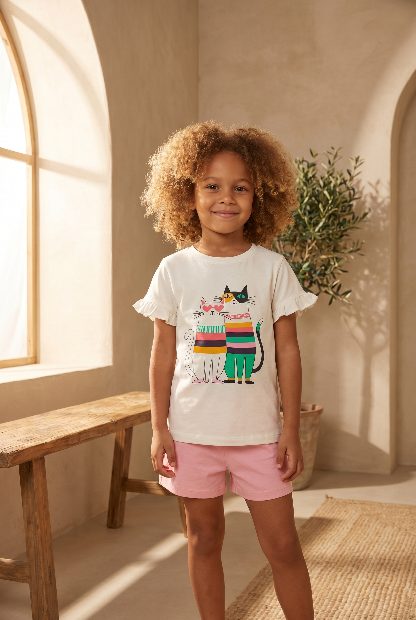 Çocuk Kedi Desenli Şortlu Pijama Takımı