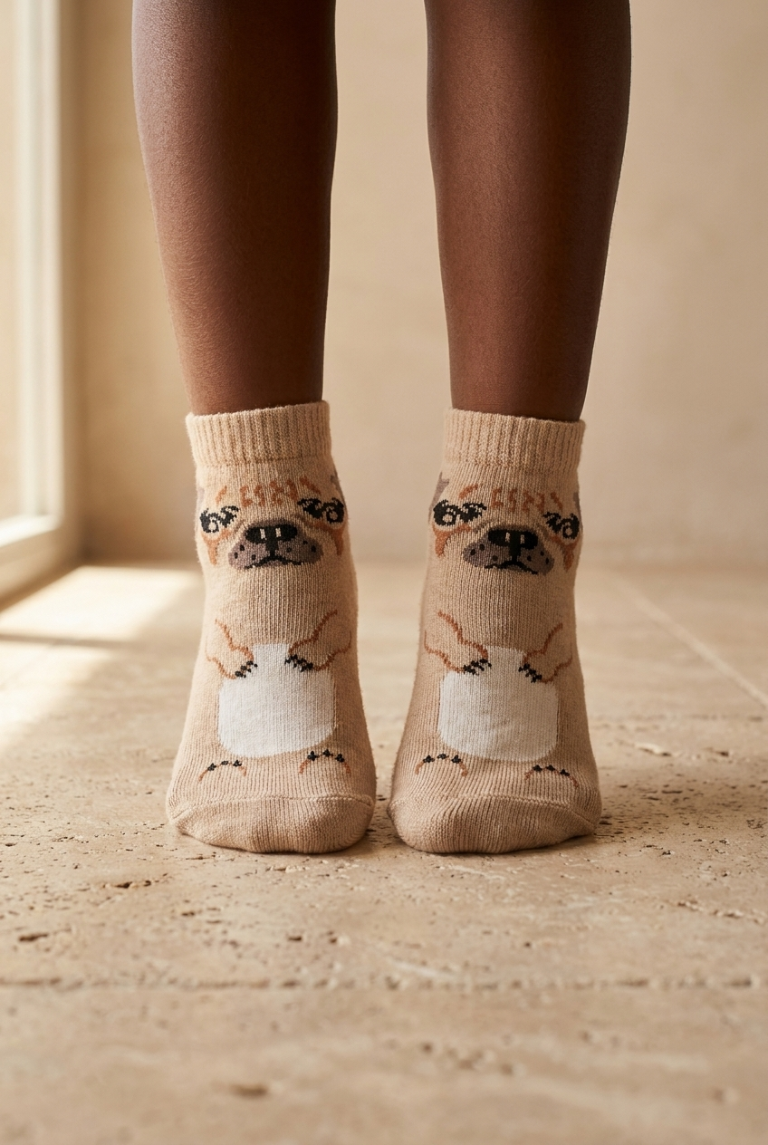 Çocuk Köpek Desenli Step Çorap Kahverengi
