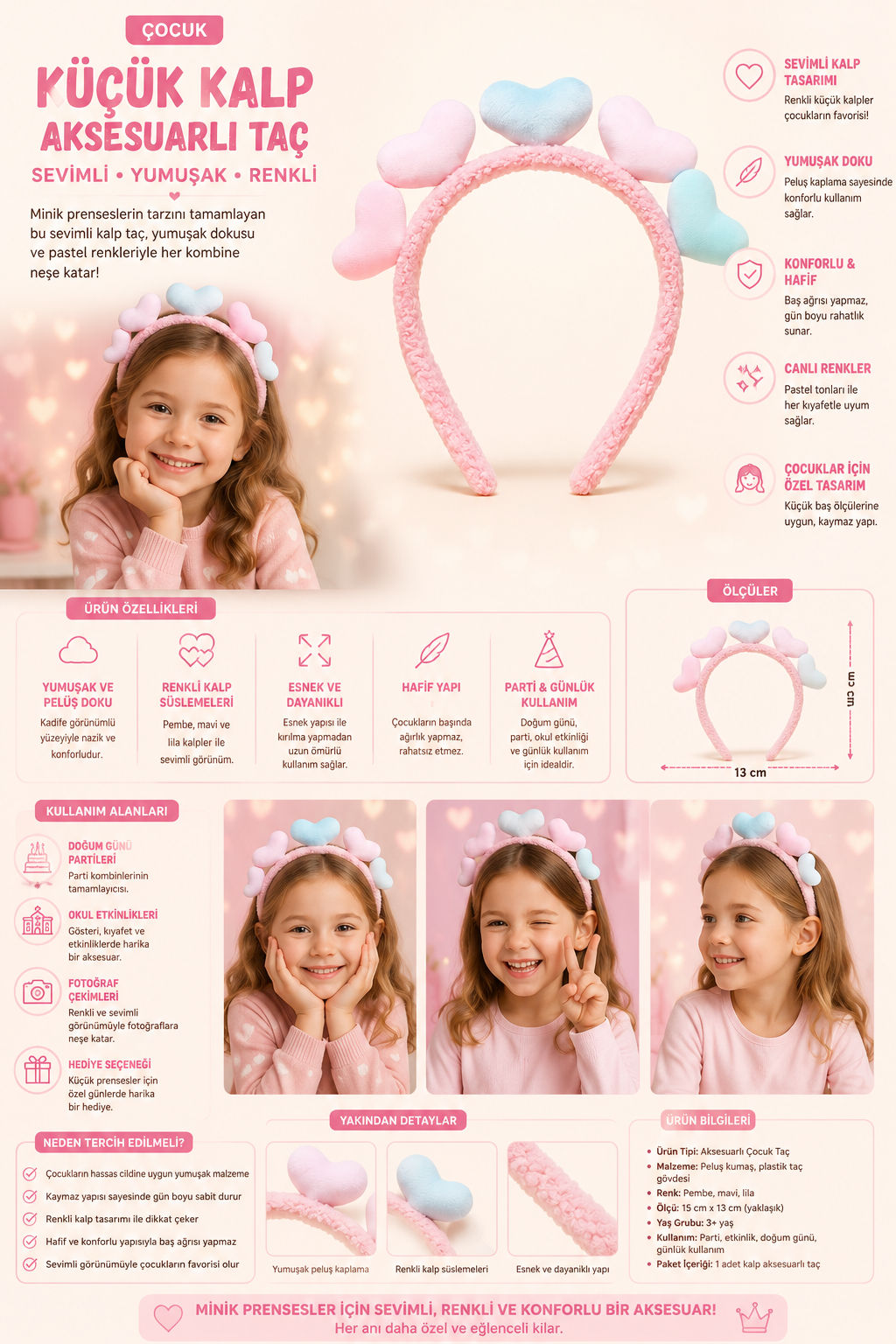 22505G1002 KÜÇÜK KALP AKSESUARLI ÇOCUK TAÇ Pembe