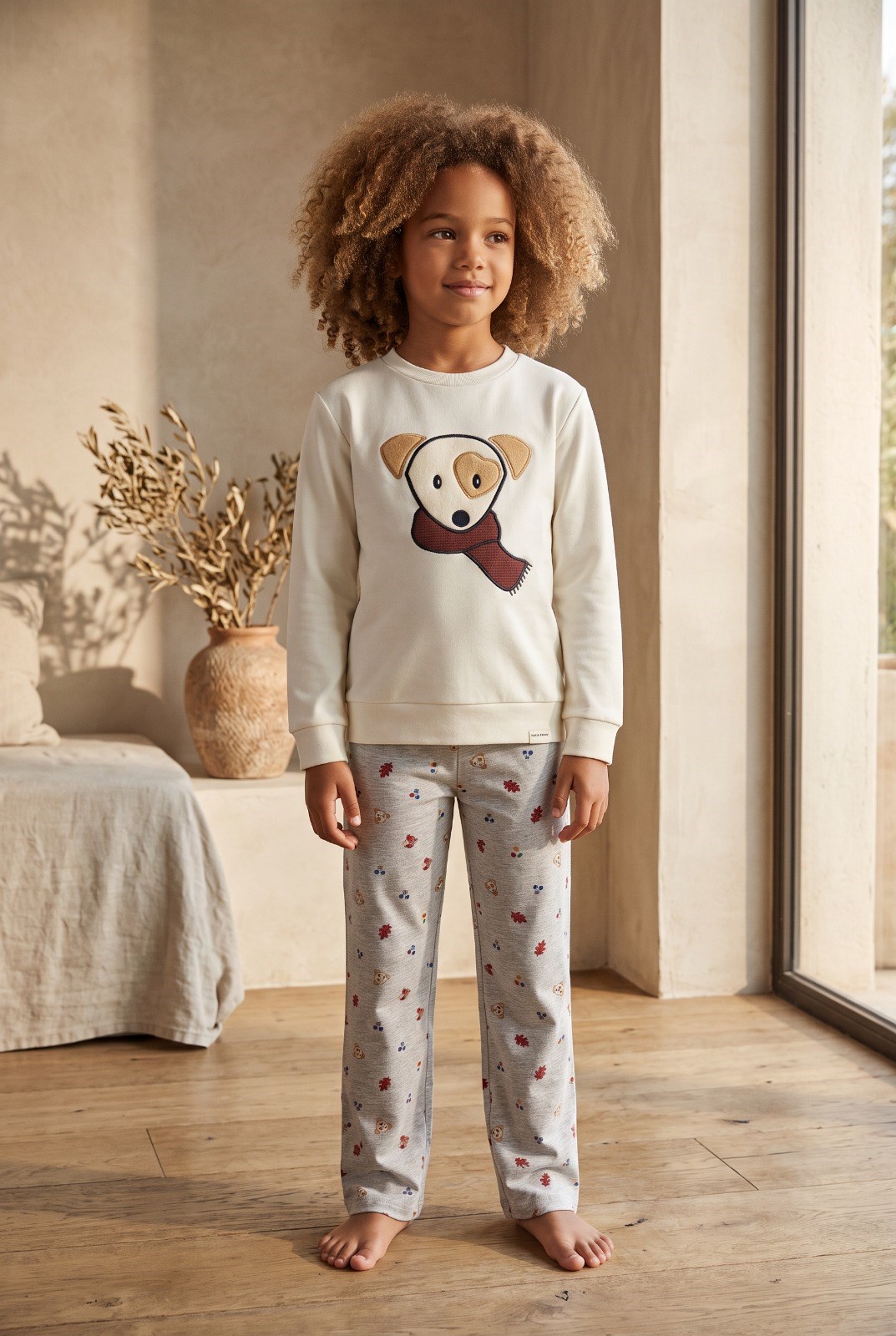 Çocuk Lovely Winter Köpekli Ekru Pijama Takımı