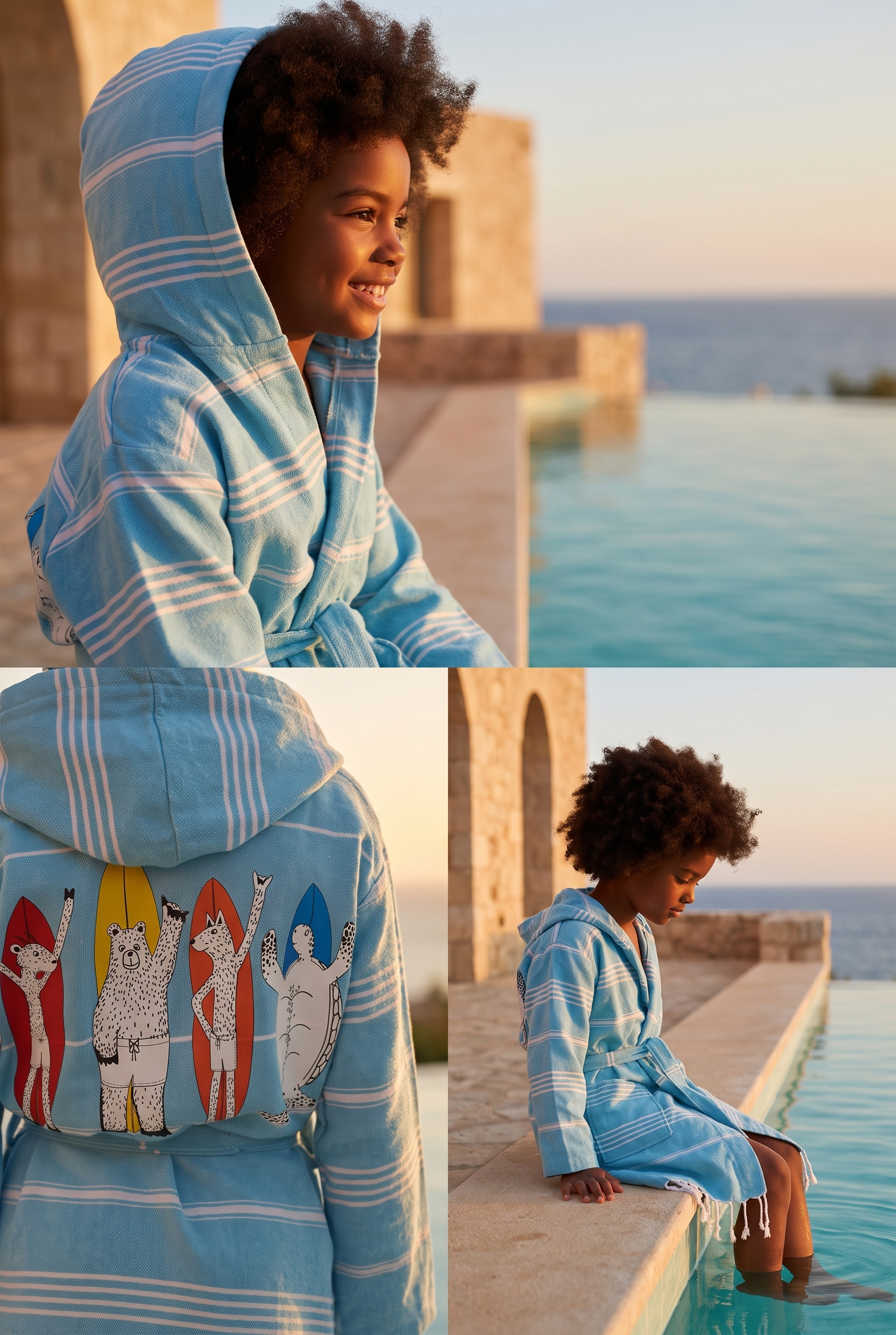 Children's Blue Colored Surfboard Printed Peshtemal Bathrobe