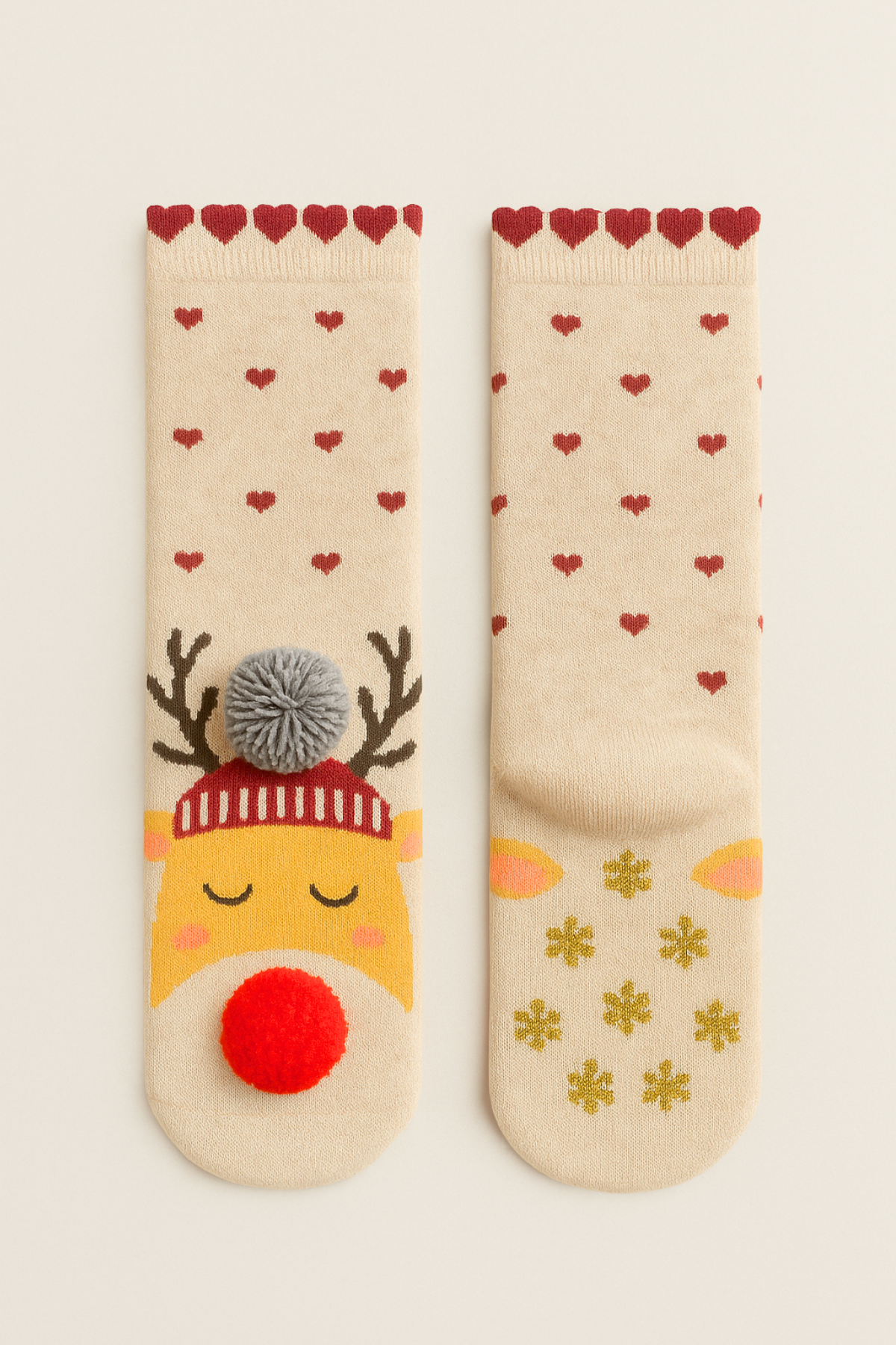 Çocuk Ponpon Aksesuarlı Geyik Desenli Yılbaşı Dizaltı Çorap
