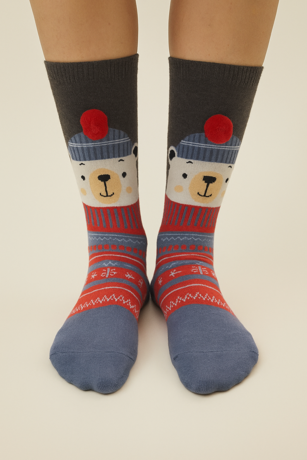 Çocuk Ponpon Detaylı Ayıcıklı Yılbaşı Soket Çorap Gri Melanj