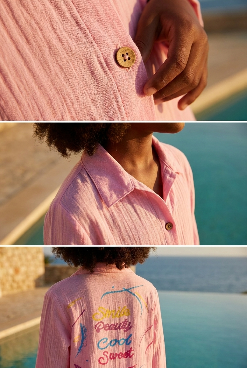 Çocuk Renkli Sırt Baskılı Keten Pembe Gömlek