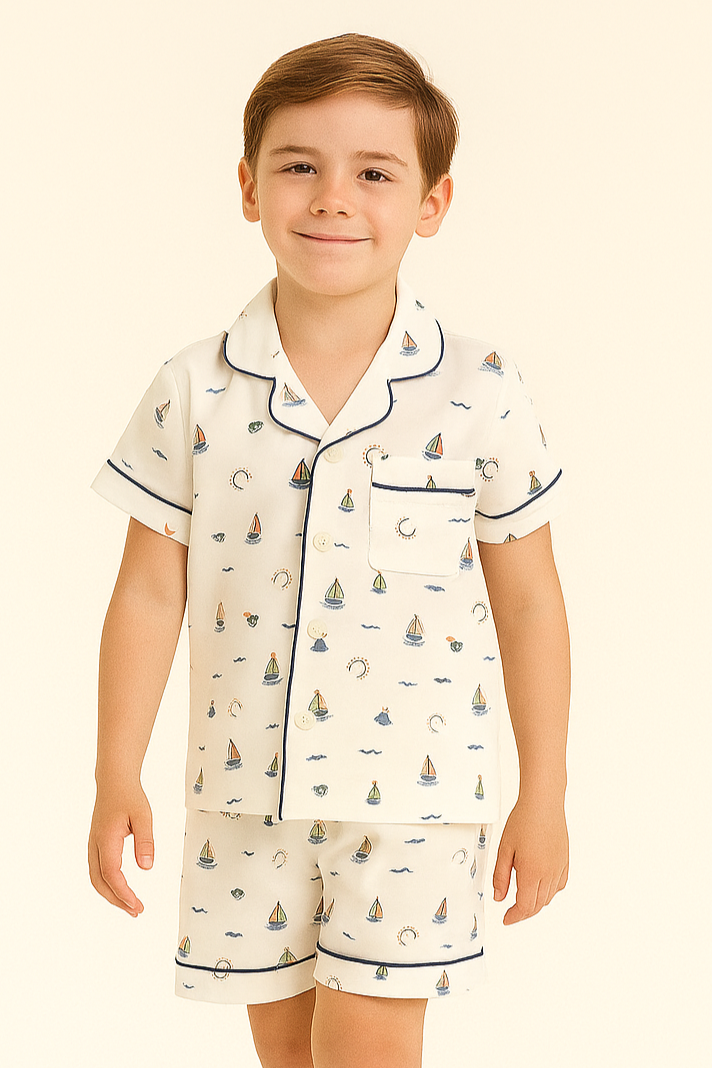 Çocuk Seageo Yelken Desenli Düğmeli Şortlu Pijama Takımı Ekru