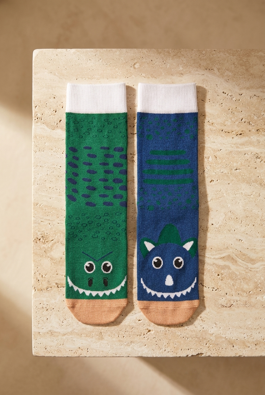 Children's Cute Dinosaur Patterned Socks Navy Blue Green