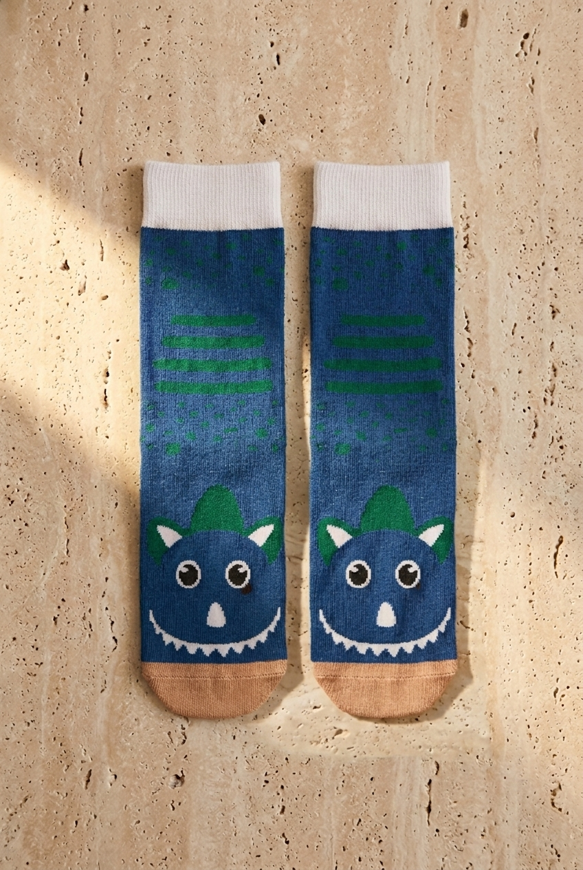 Children's Cute Dinosaur Patterned Socks Navy Blue Green