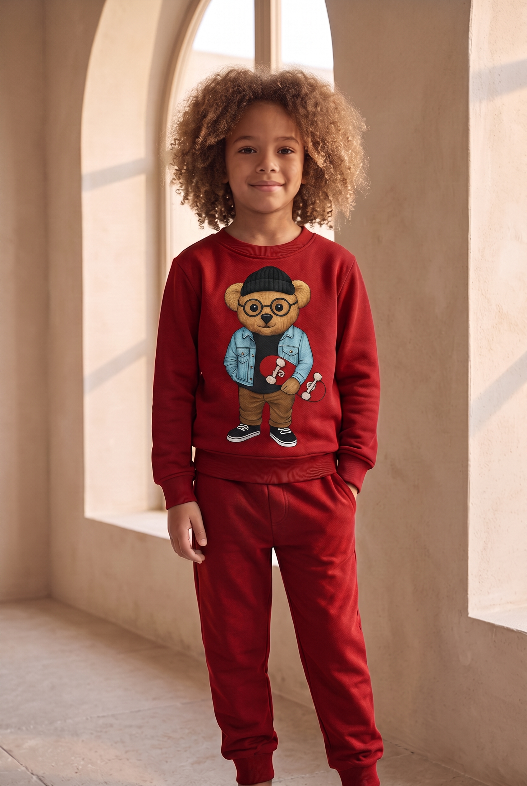 Çocuk Teddy Desenli Eşofman Takımı Bordo
