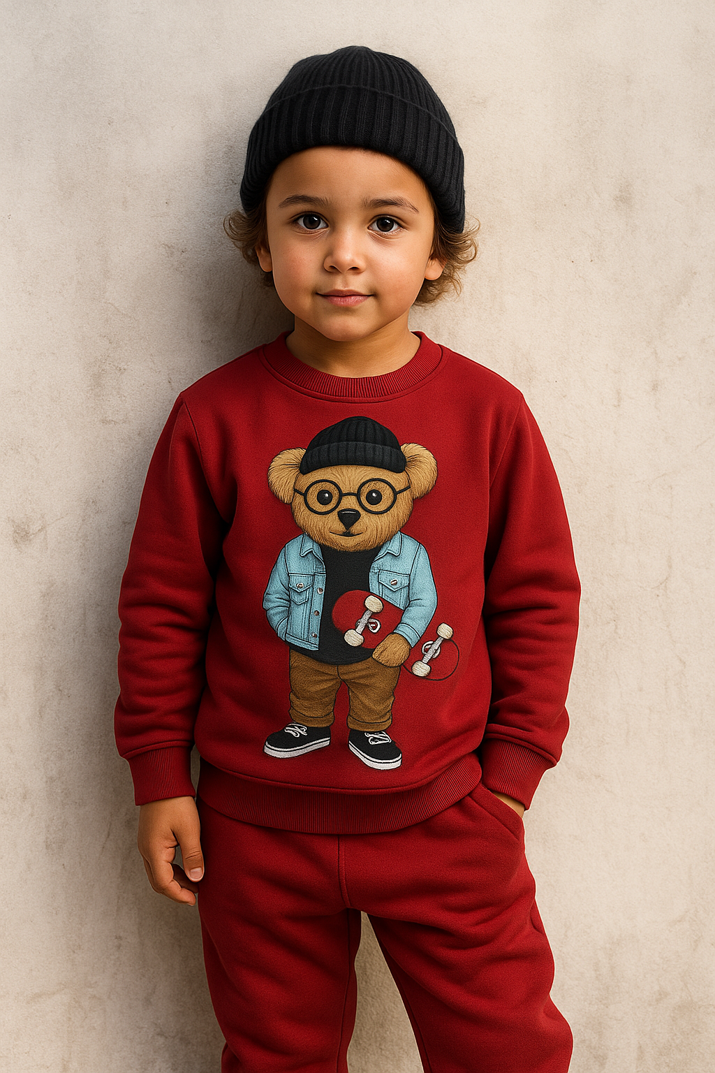 Çocuk Teddy Desenli Eşofman Takımı Bordo