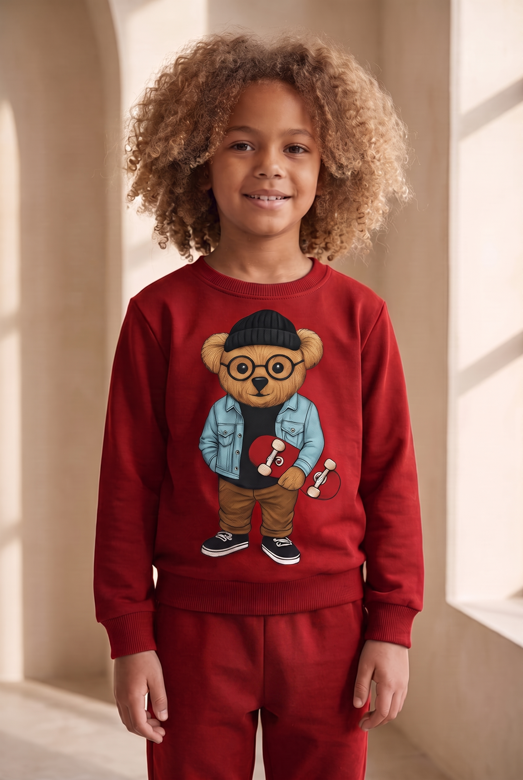 Çocuk Teddy Desenli Eşofman Takımı Bordo
