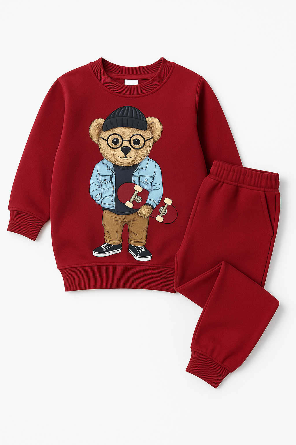 Çocuk Teddy Desenli Pijama Takımı Bordo
