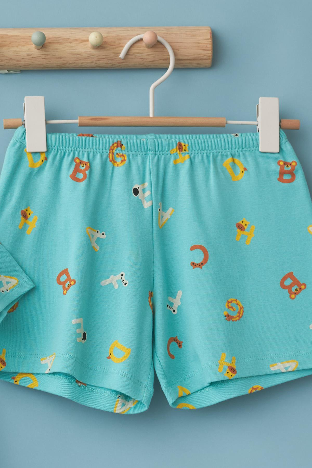 Çocuk Turkuaz Renkli Alfabe Desenli Pijama Takımı