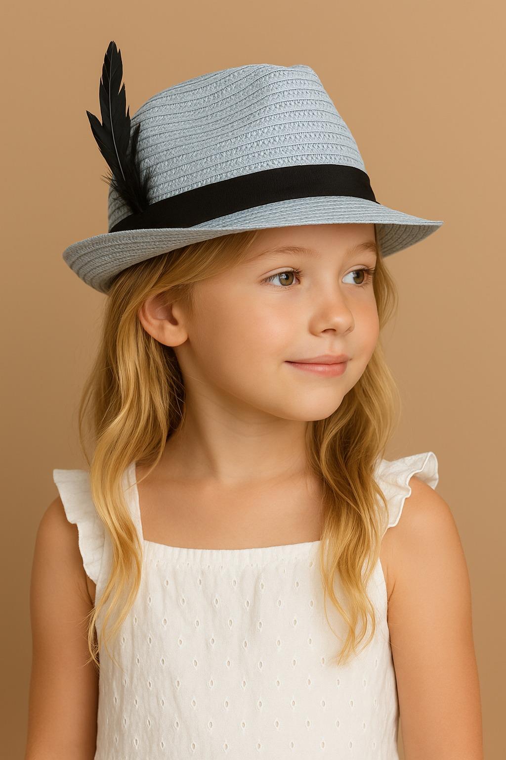 Çocuk Tüy Aksesuarlı Hasır Fötr Şapka Açık Mavi