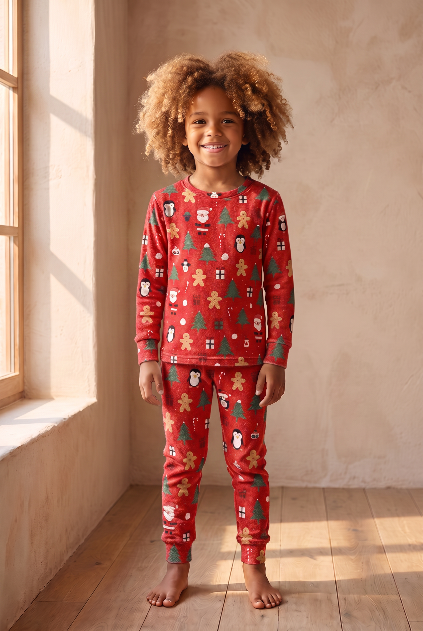Çocuk Yılbaşı Temalı Pijama Takımı Kırmızı