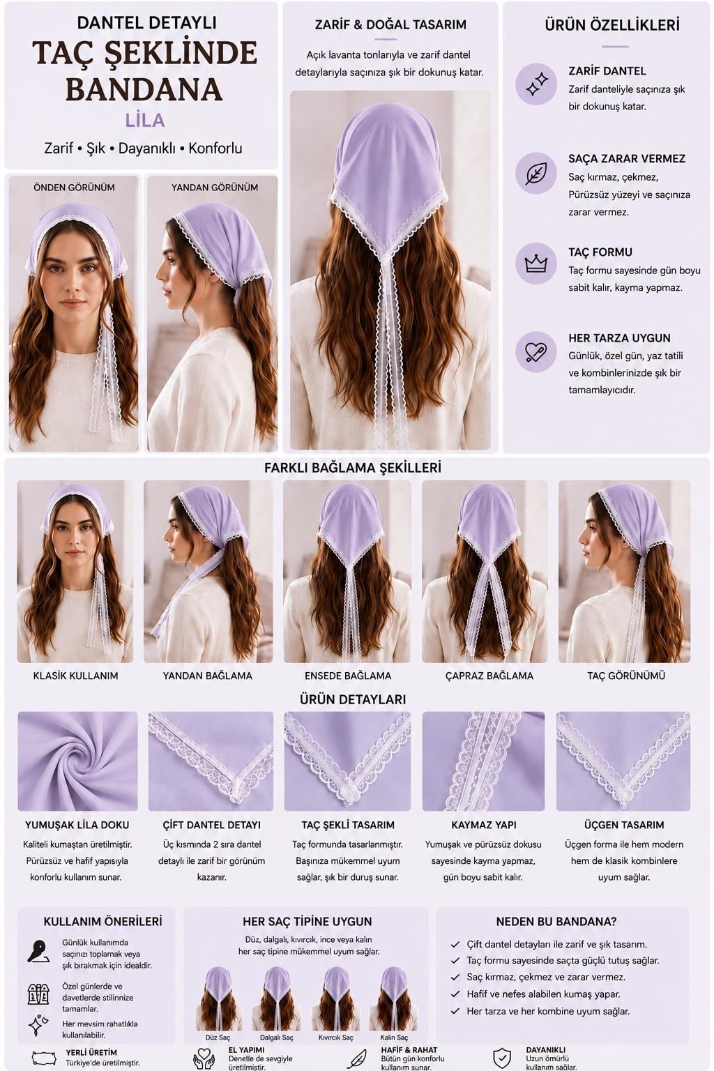 Dantel Detaylı Taç Şeklinde Bandana Lila