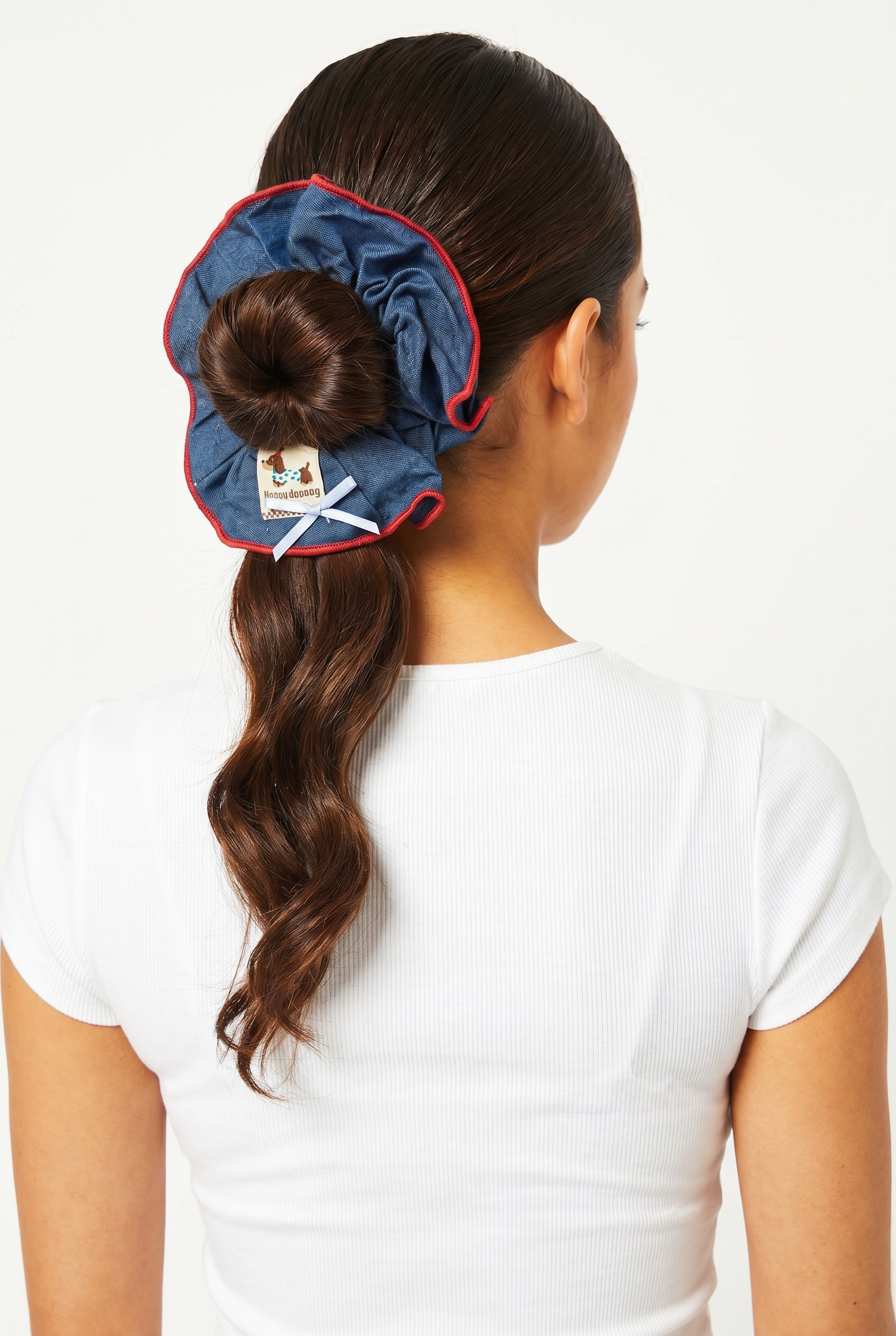 Denim Görünümlü Köpek Etiketli Fırfırlı Koyu Mavi Scrunchie Saç Tokası