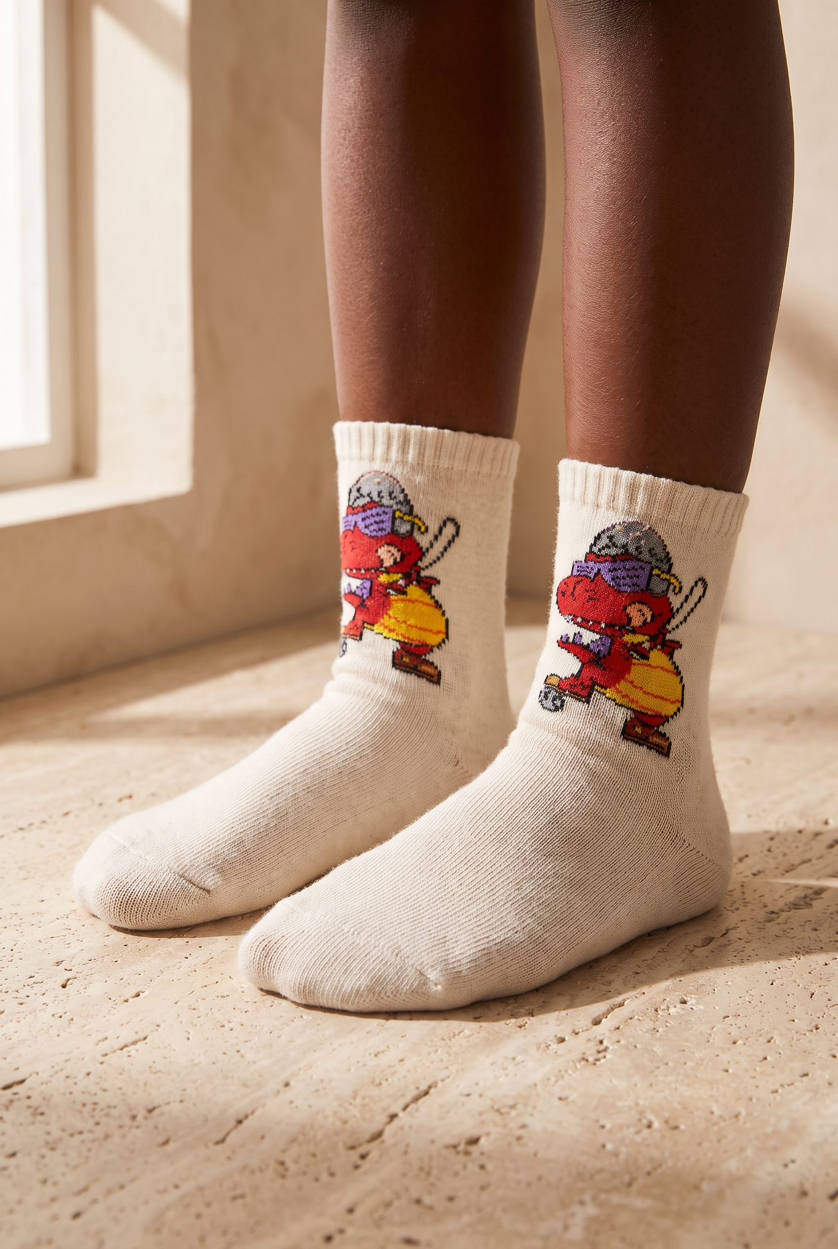 Dinosaur Patterned Ecru Children's Socks