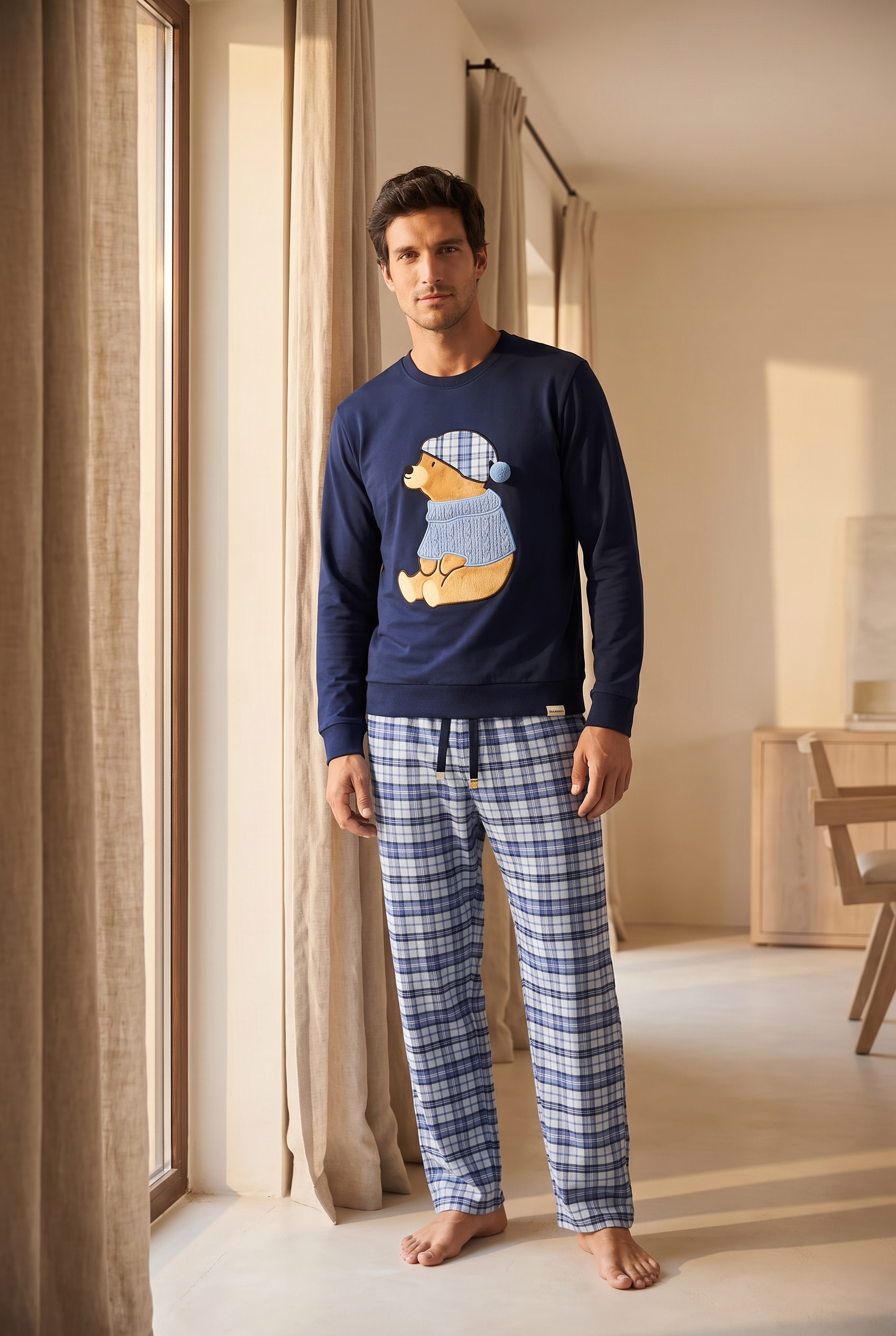 Erkek Blue Harmony Teddy Desenli Ekoseli Lacivert Pijama Takımı