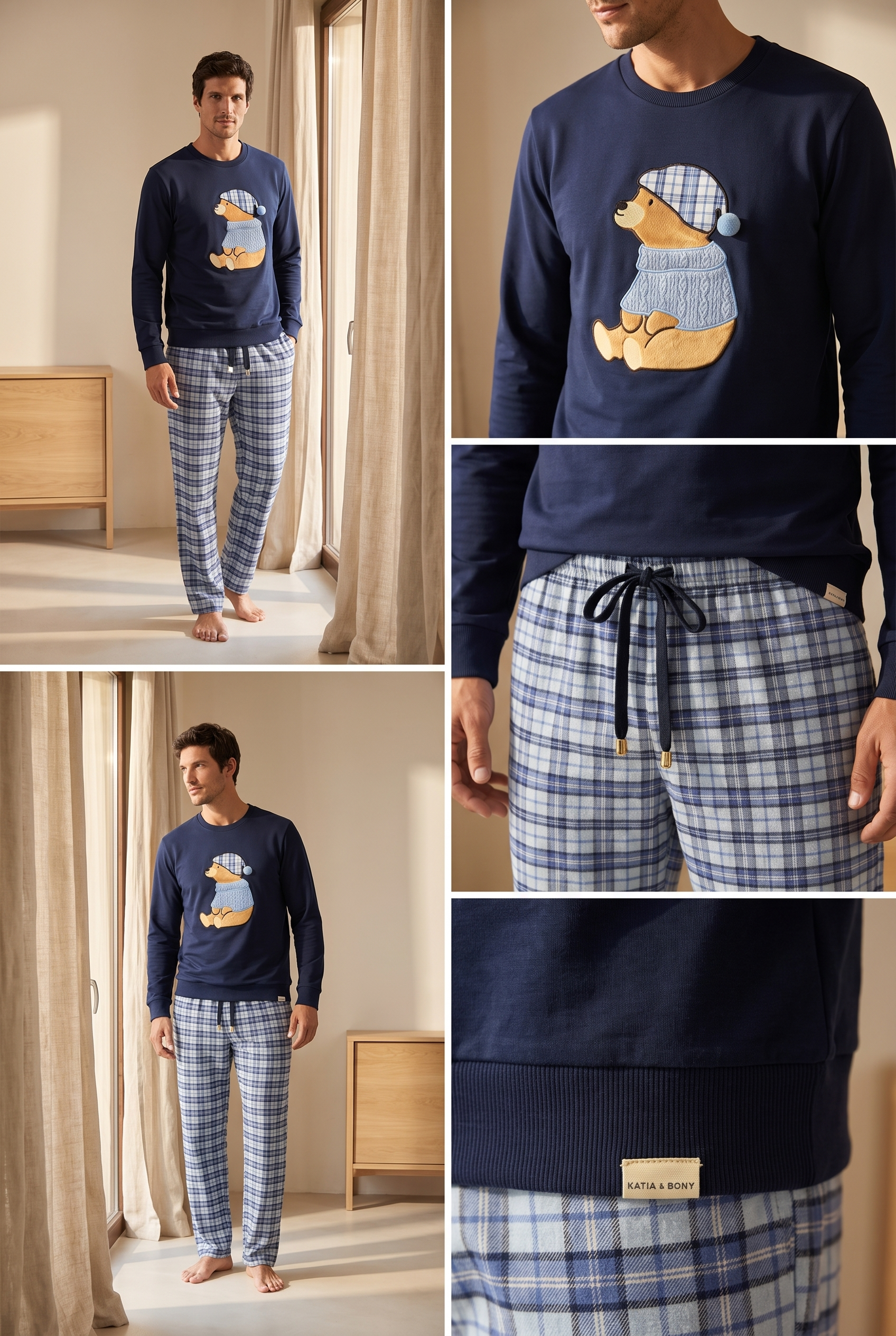 Erkek Blue Harmony Teddy Desenli Ekoseli Lacivert Pijama Takımı