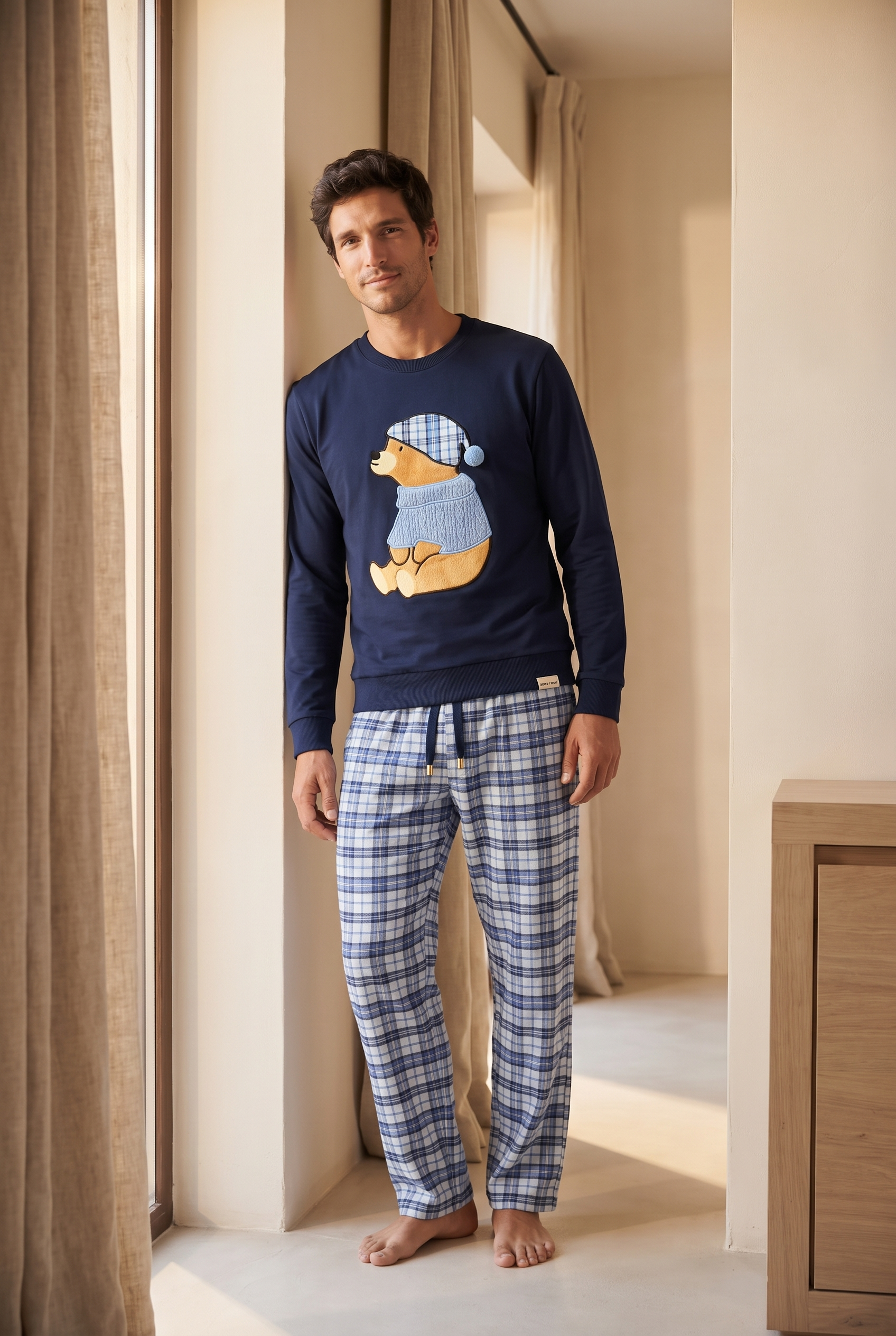 Erkek Blue Harmony Teddy Desenli Ekoseli Lacivert Pijama Takımı
