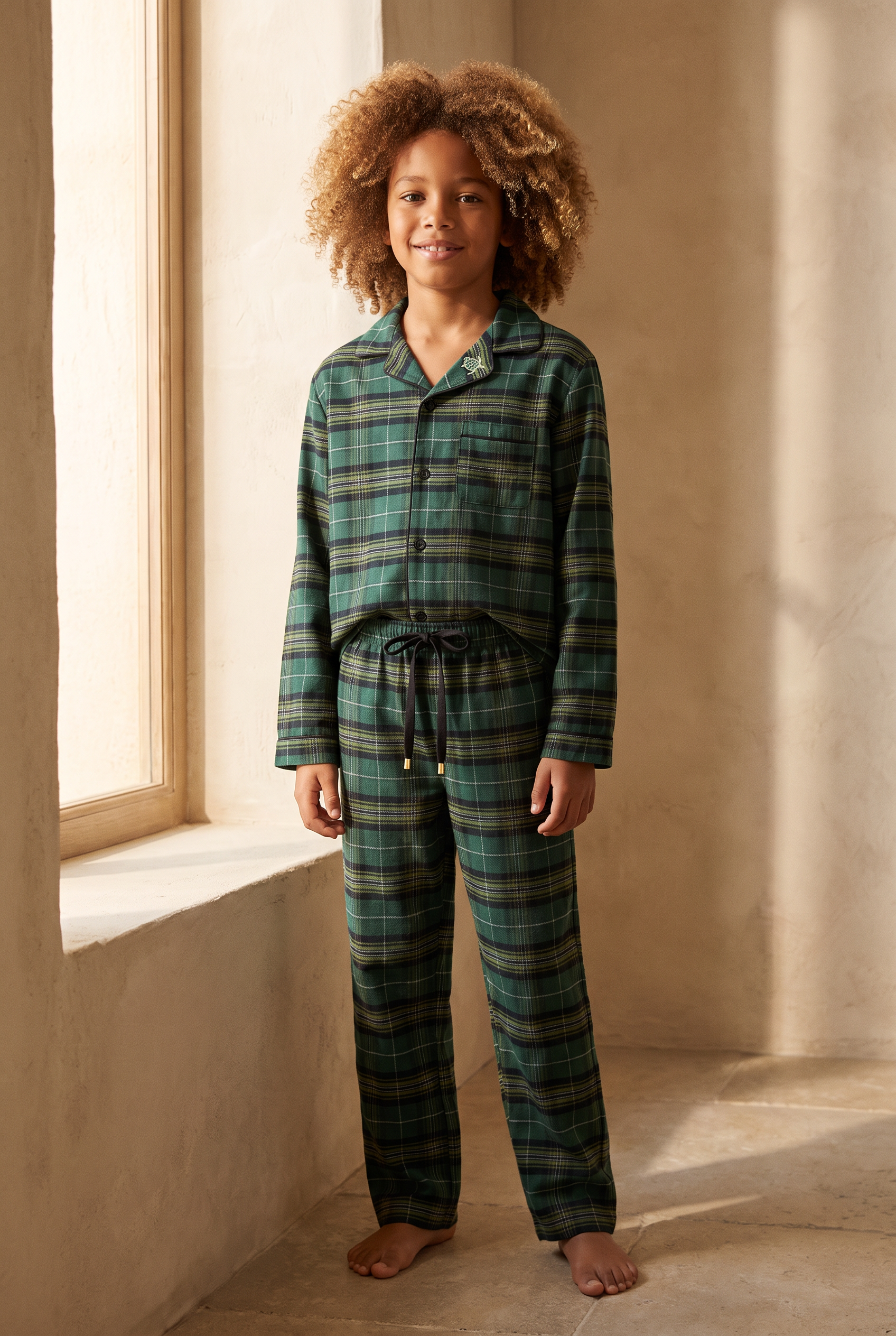 Erkek Çocuk Dear Santa Ekoseli Kaplumbağa Nakışlı Pijama Takımı Yeşil