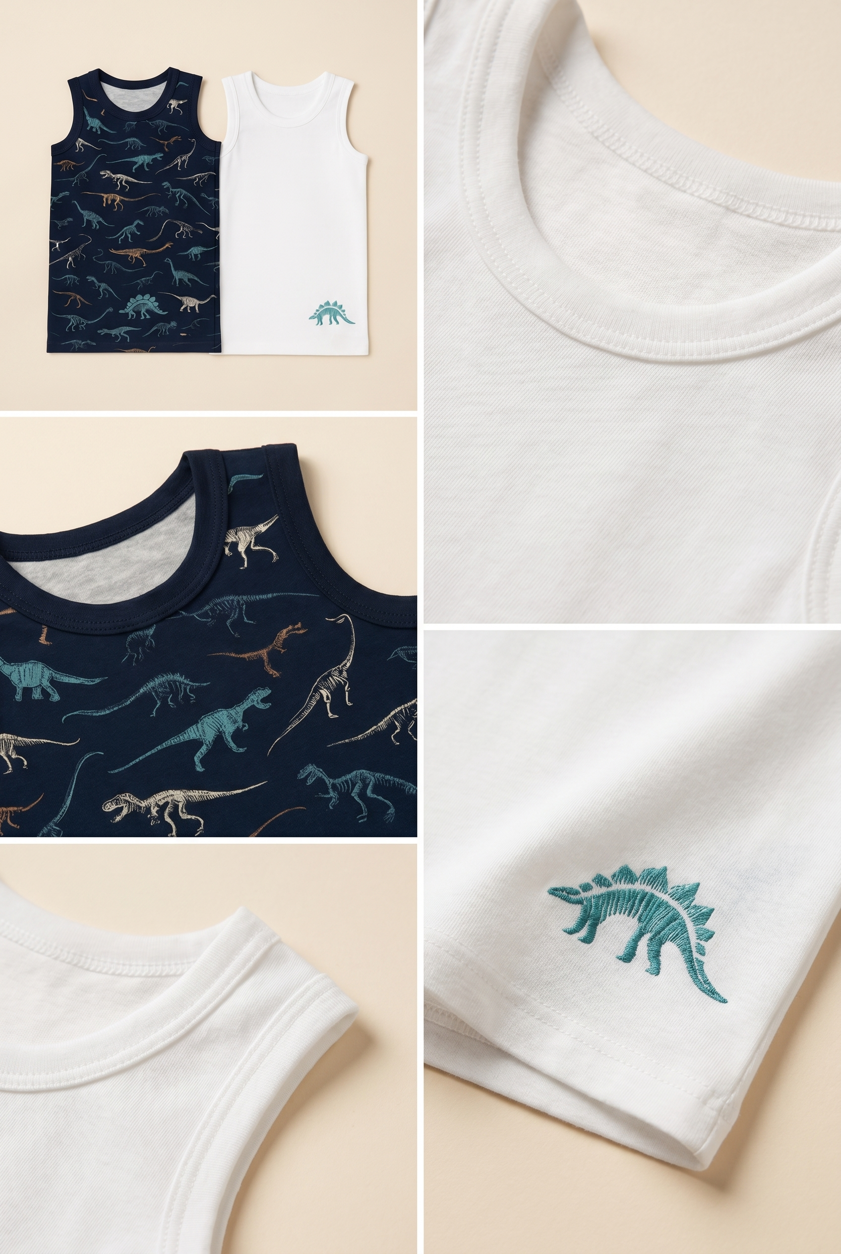 Erkek Çocuk Dinozor Desenli 2'li Paket Atlet Beyaz/Lacivert