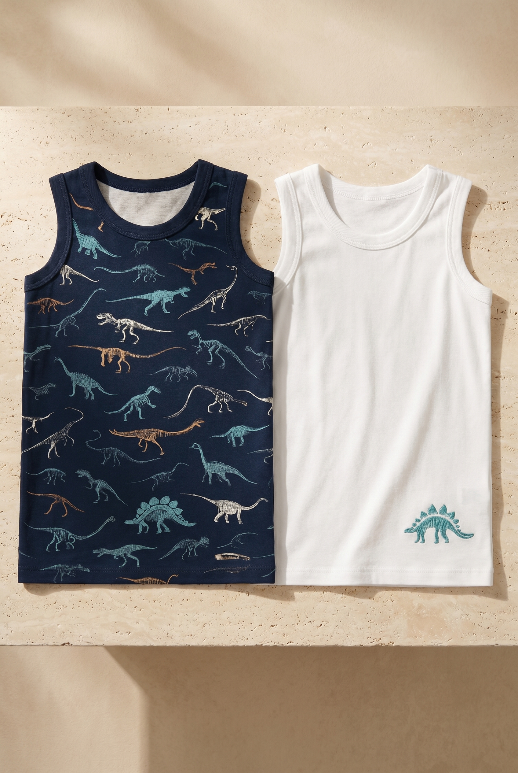 Erkek Çocuk Dinozor Desenli 2'li Paket Atlet Beyaz/Lacivert