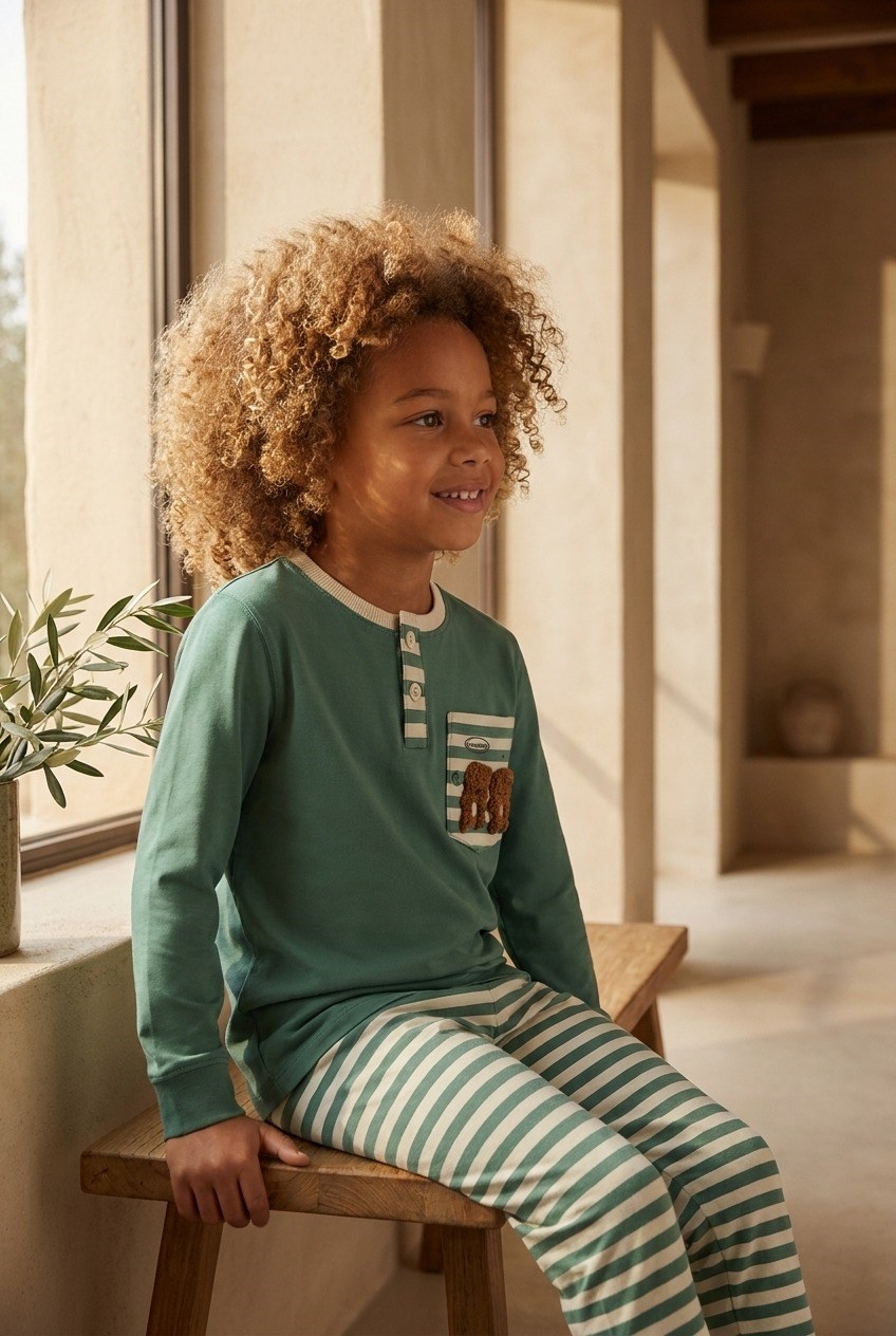 Erkek Çocuk Teddy Desenli Pijama Takımı Yeşil