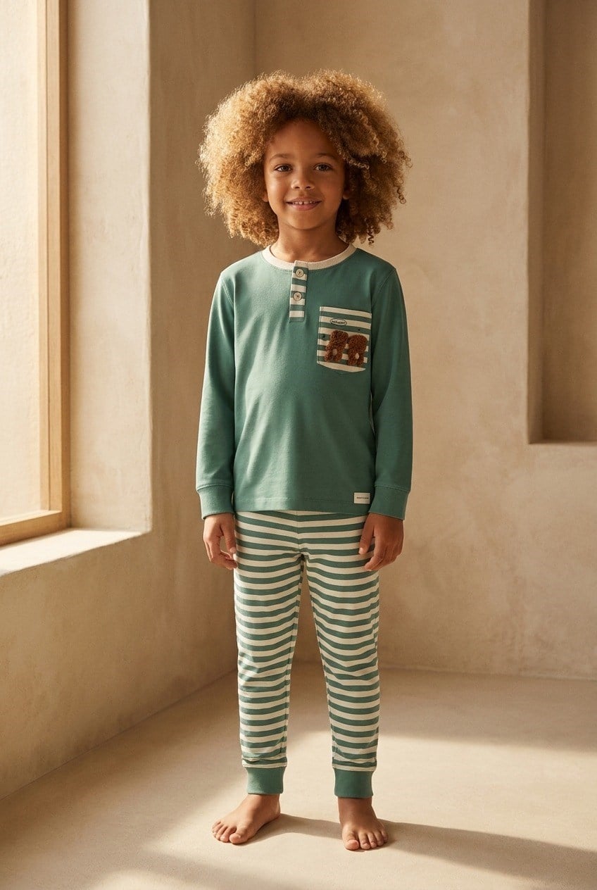 Erkek Çocuk Teddy Desenli Pijama Takımı Yeşil