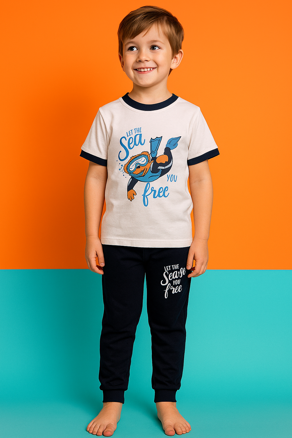 Erkek Çocuk Yüzen Ayıcık Desenli Kısa Kollu Pijama Takımı