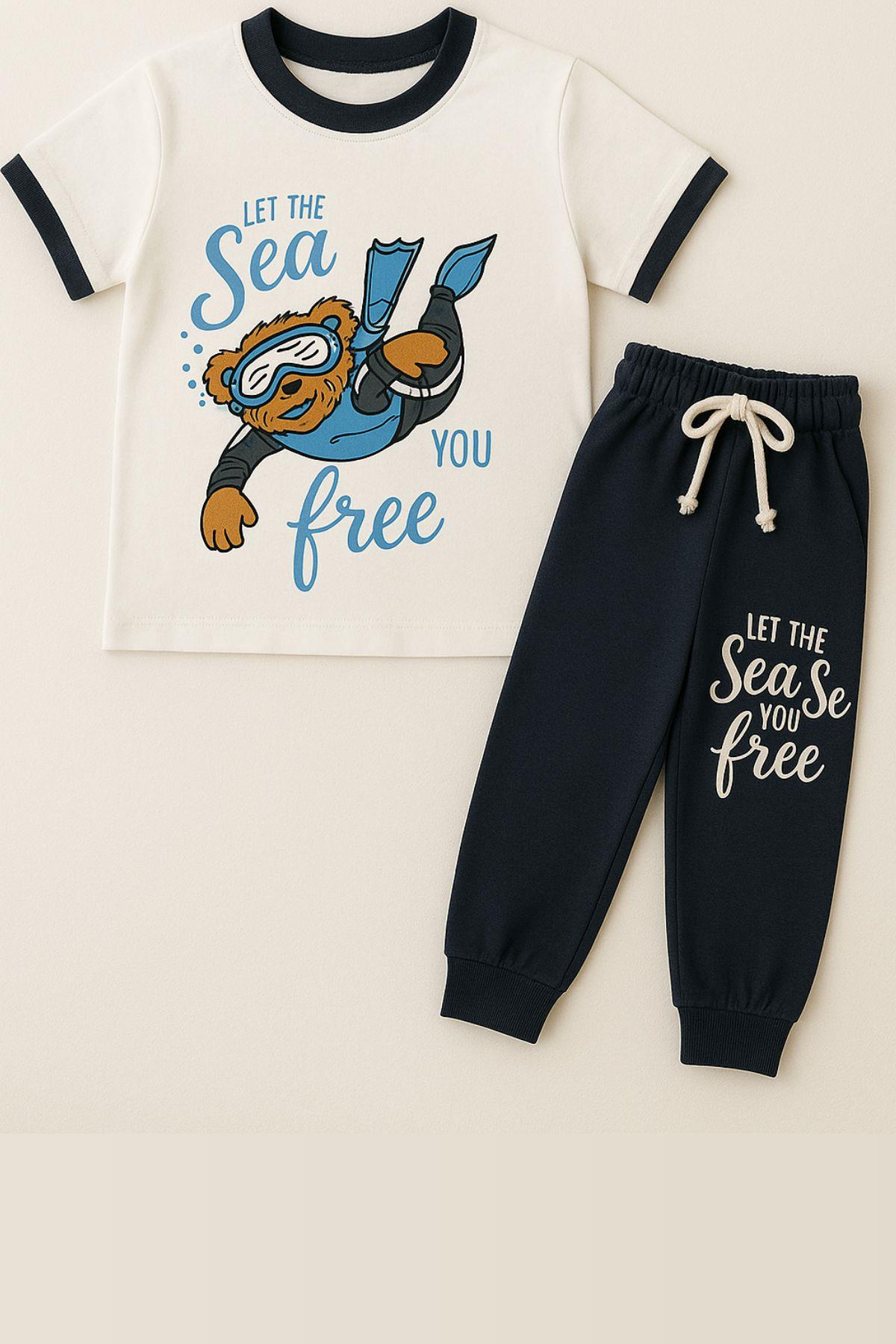 Erkek Çocuk Yüzen Ayıcık Desenli Kısa Kollu Pijama Takımı