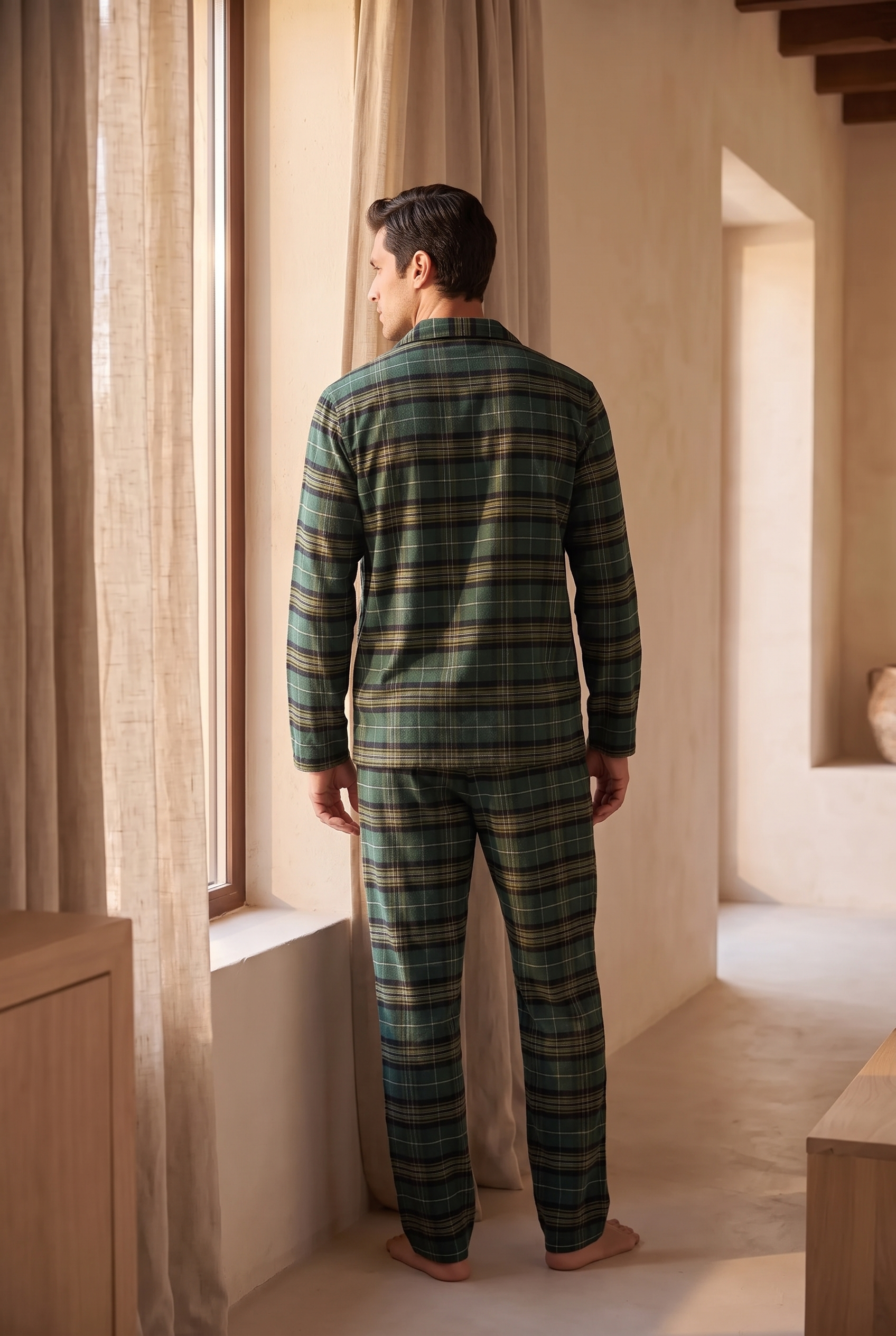 Erkek Dear Santa Ekoseli Kaplumbağa Nakışlı Pijama Takımı Yeşil