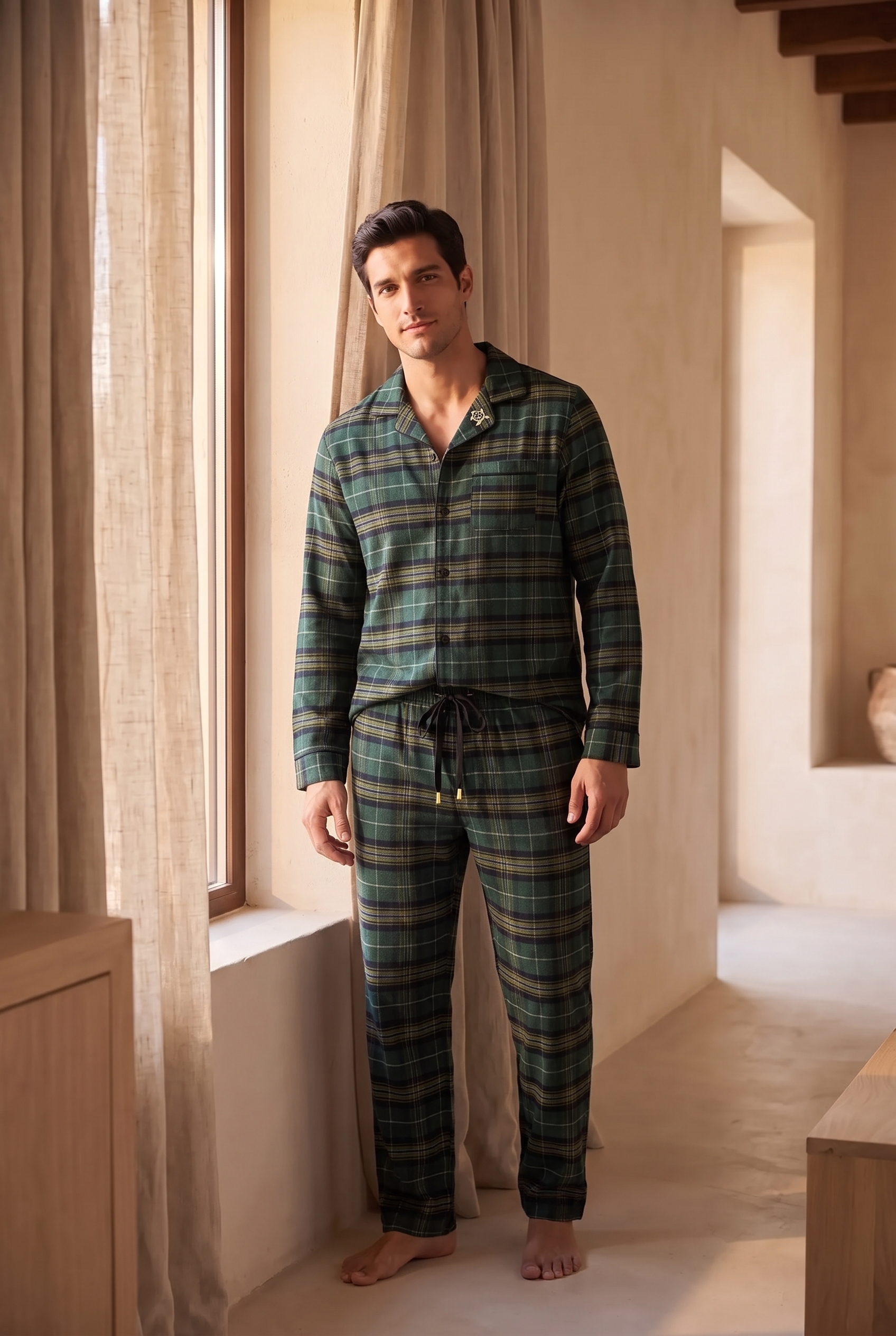 Erkek Dear Santa Ekoseli Kaplumbağa Nakışlı Pijama Takımı Yeşil