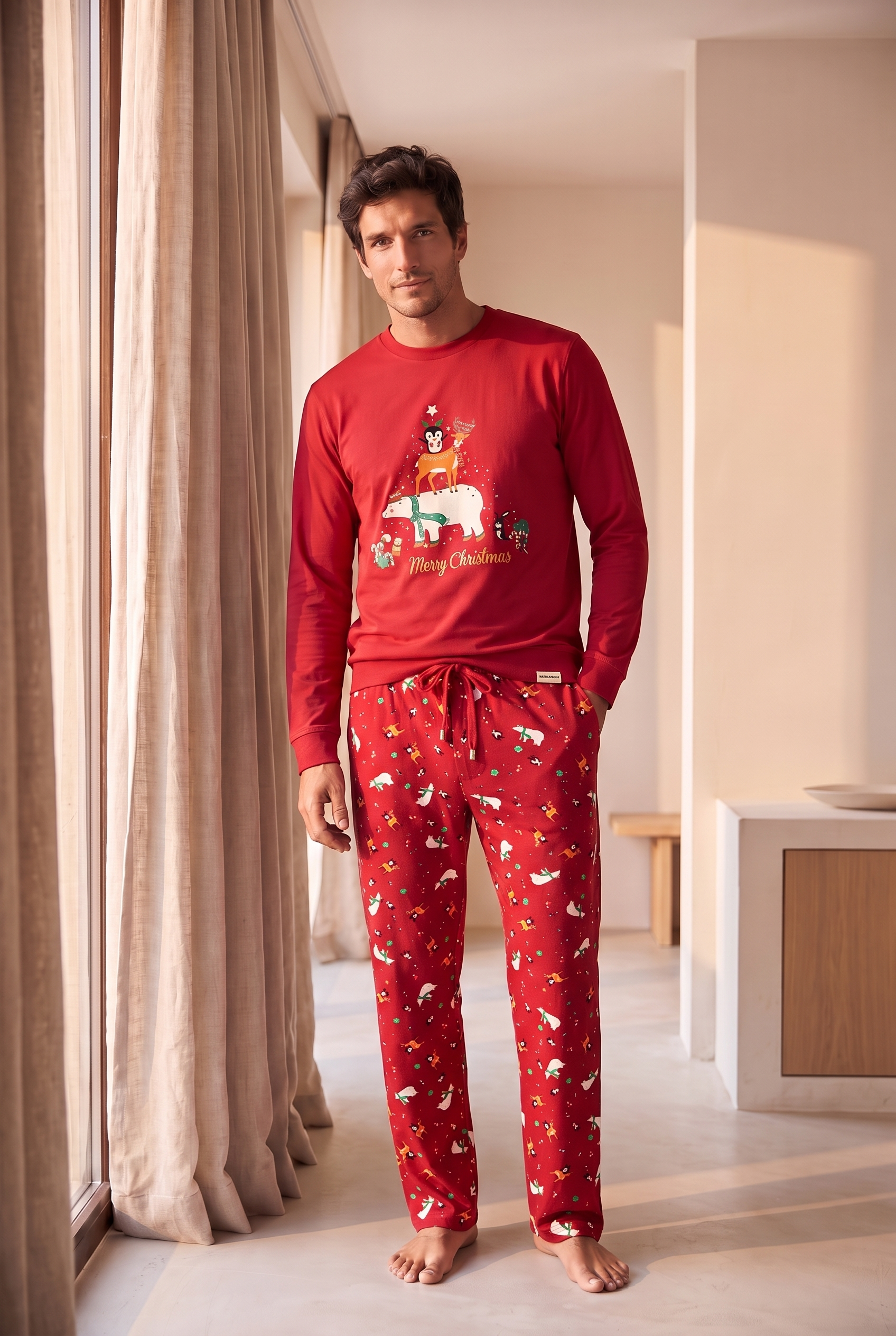 Erkek Dear Santa Geyik Desenli Pijama Takımı Kırmızı