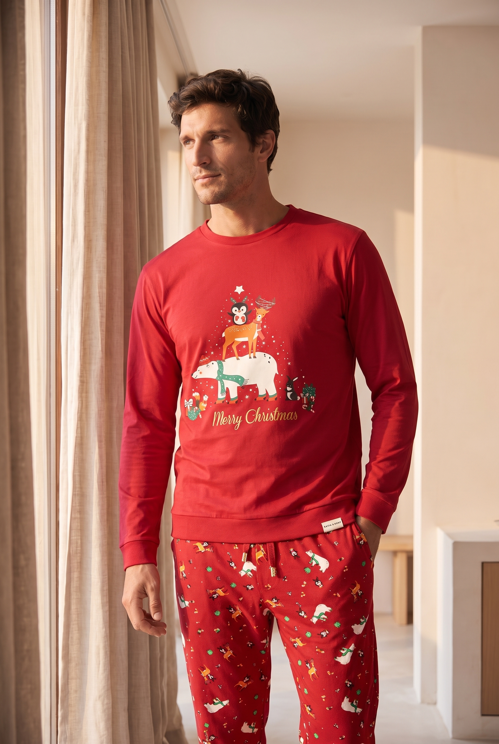 Erkek Dear Santa Geyik Desenli Pijama Takımı Kırmızı