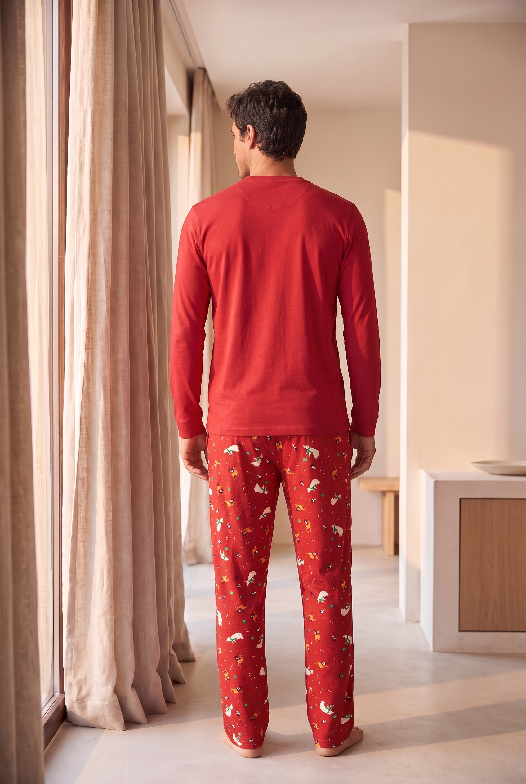 Erkek Dear Santa Geyik Desenli Pijama Takımı Kırmızı