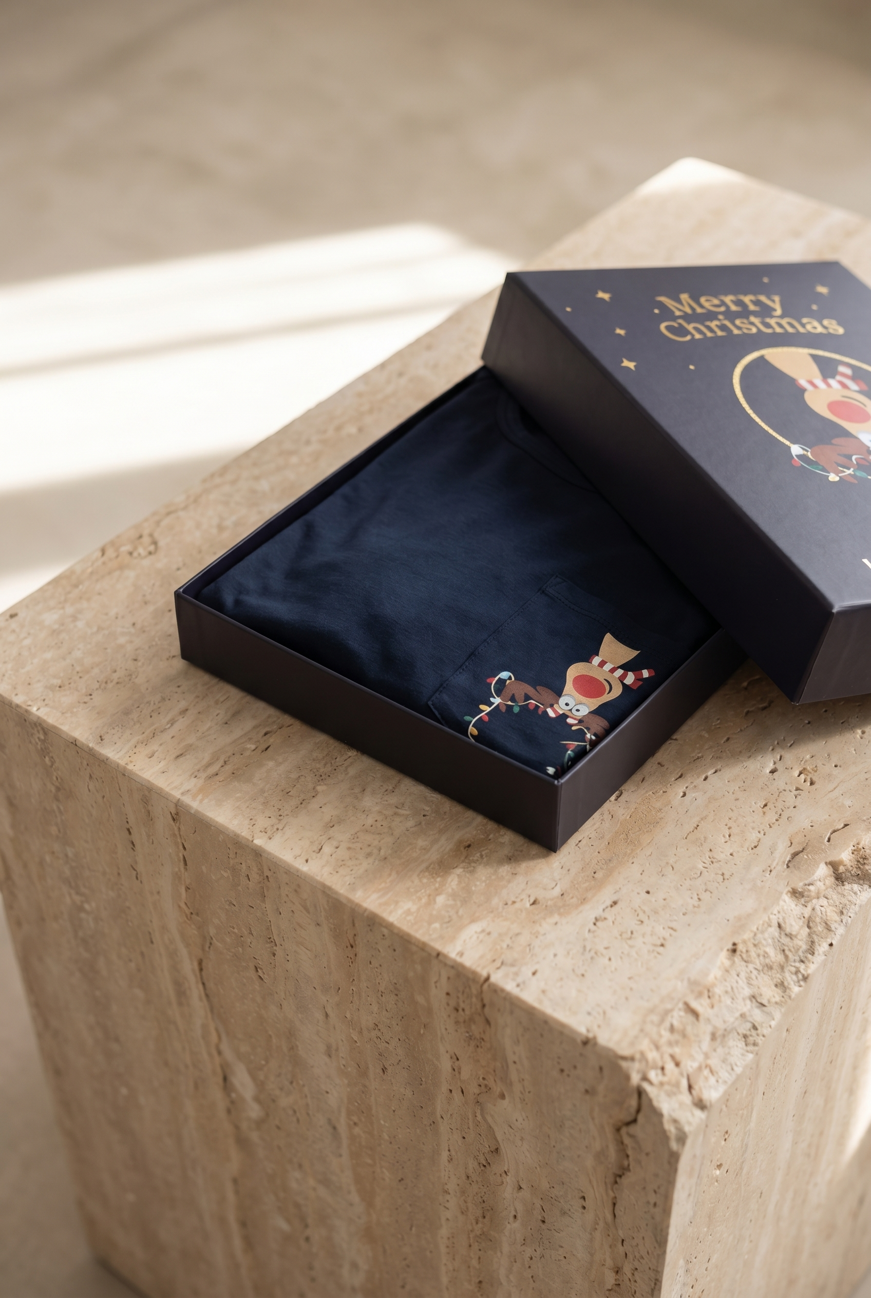 Erkek Geyik Desenli Kutulu Yılbaşı Pijama Takımı Lacivert