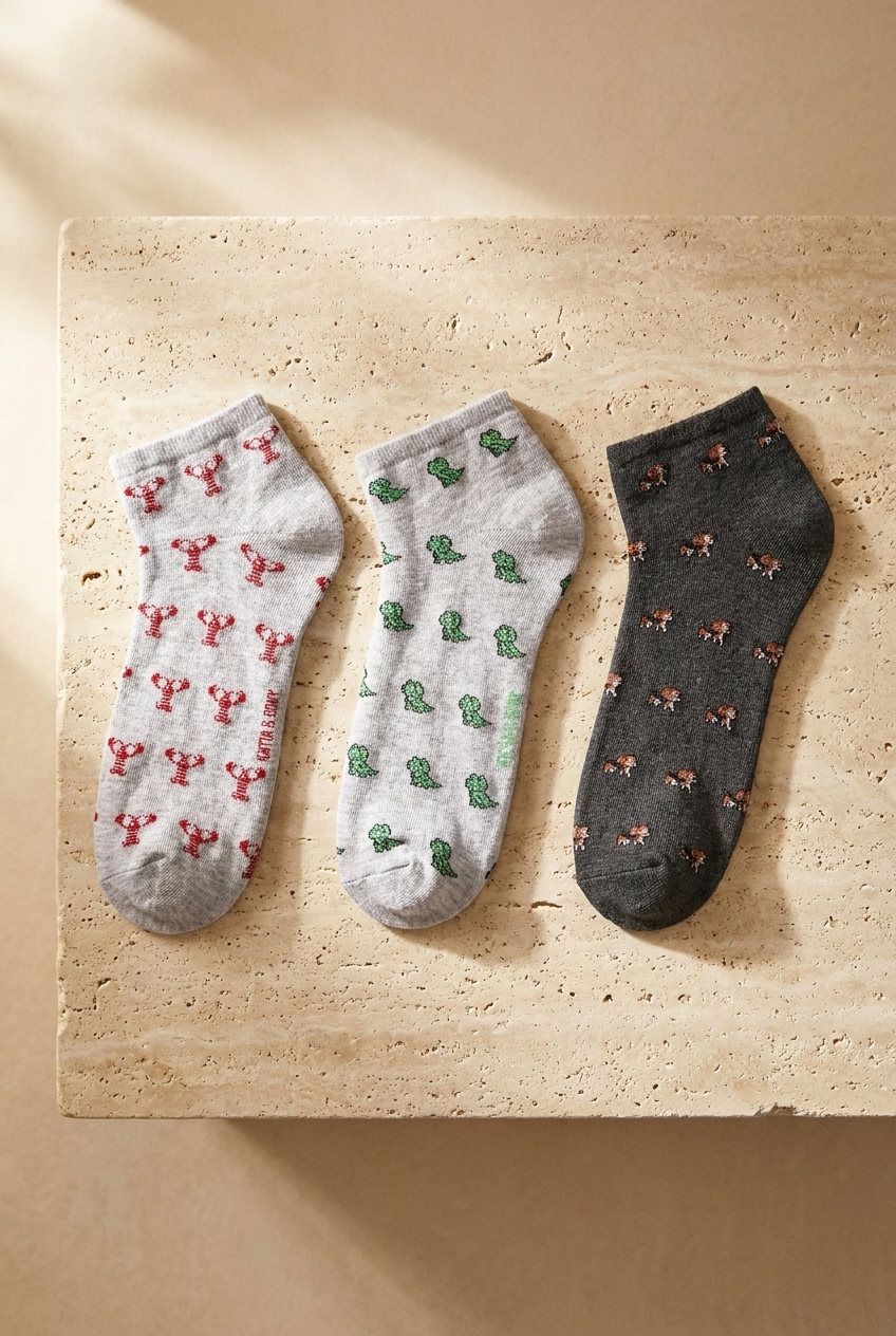 Men's Animal Patterned 3-Piece Booties Socks