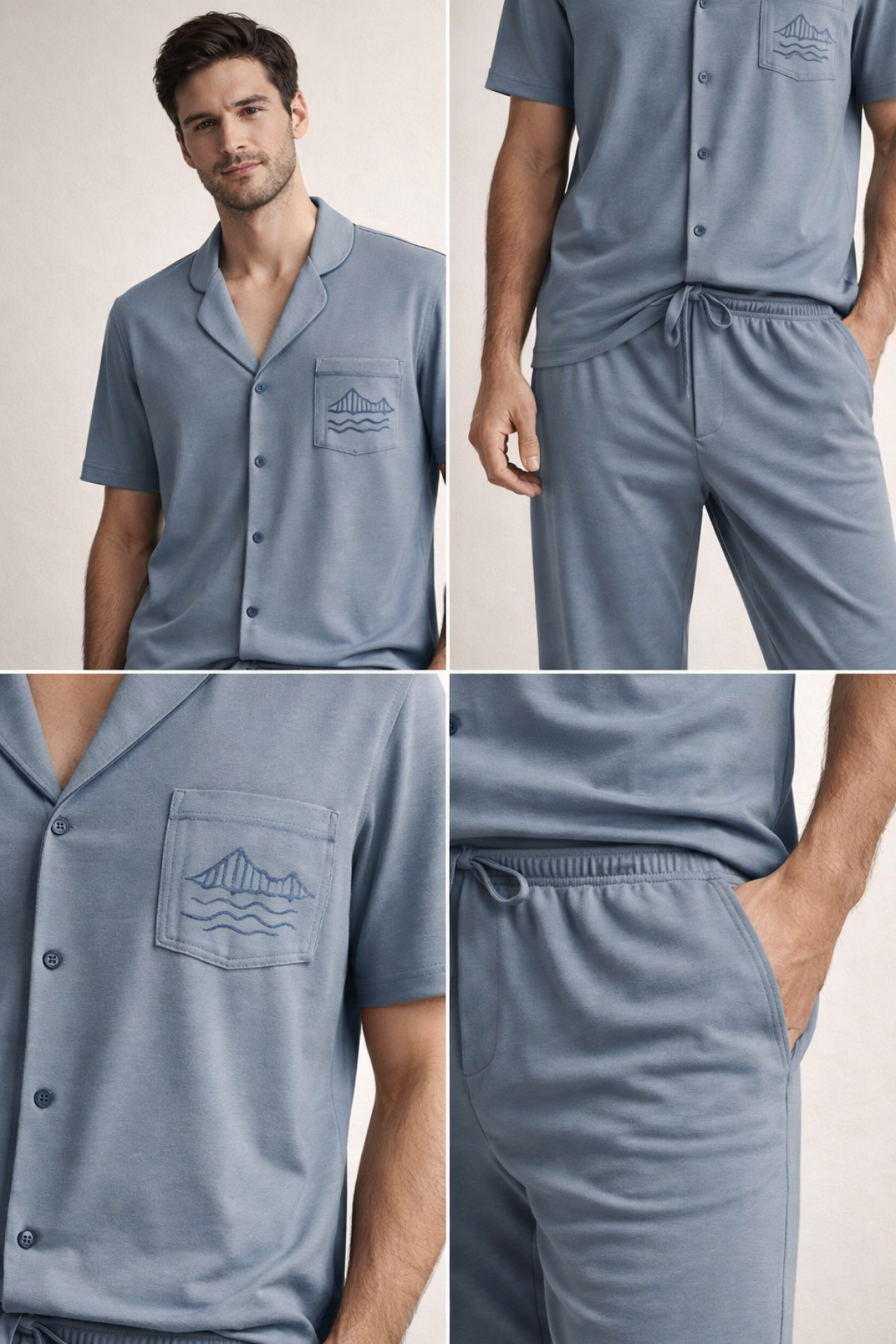 Erkek İstanbul Serisi Boğaz Köprüsü Desenli Premium Kutulu Pijama Takımı Mavi