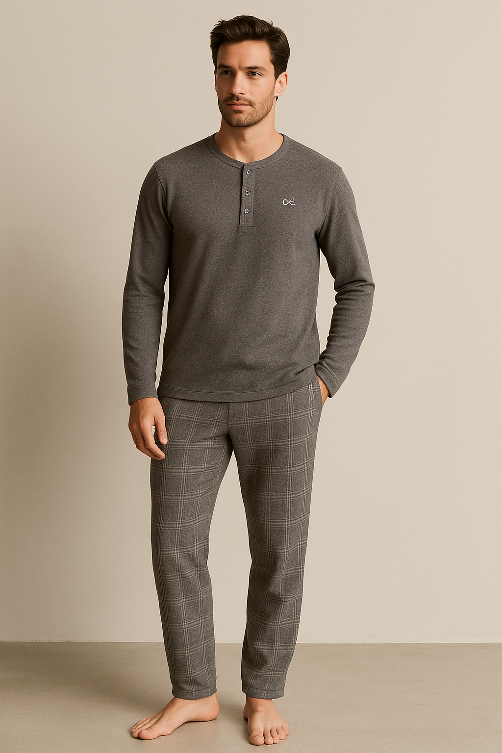 Erkek Jakarlı Pijama Takımı Gri