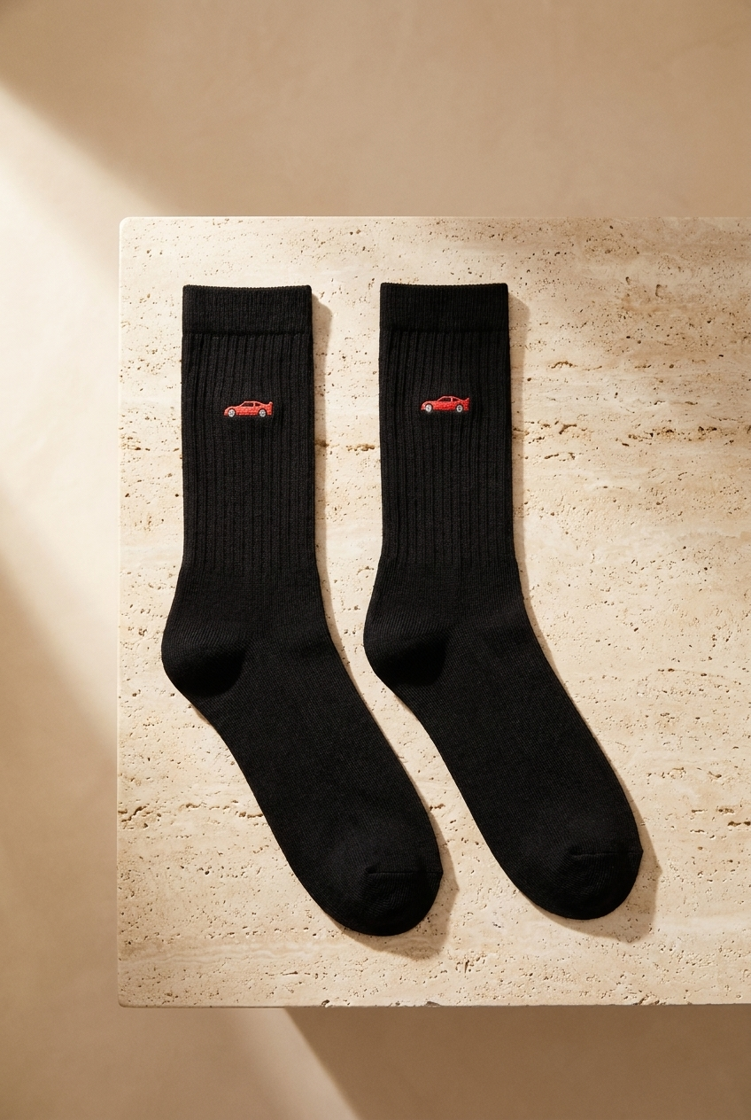 Men's Red Car Embroidered Socket Socks Black